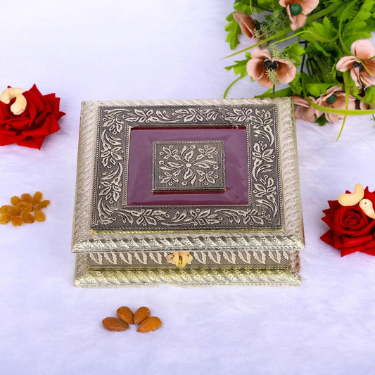 Wooden Meenakari Dry Fruit Box | Oxidized Decorative Sweets Box for Wedding & Festival
