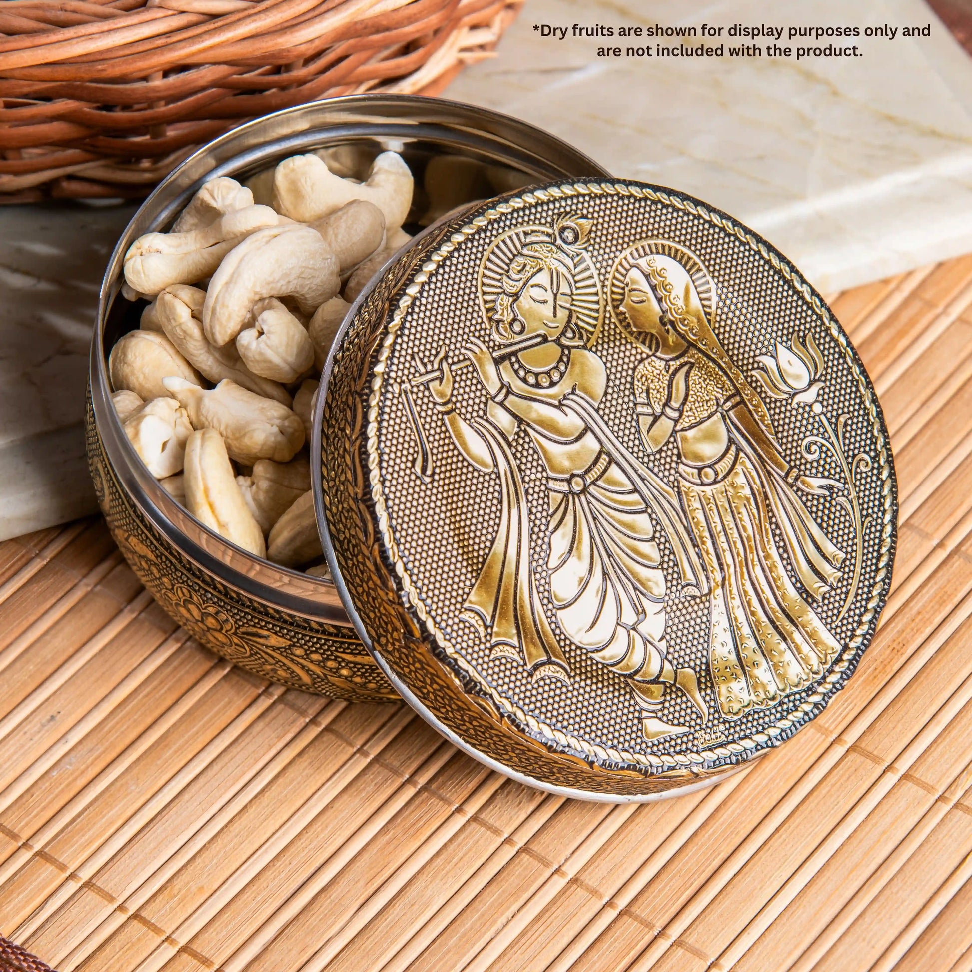 Stainless Steel Container with Lid |  Radha Krishna Oxidized Meenakari Snack Box