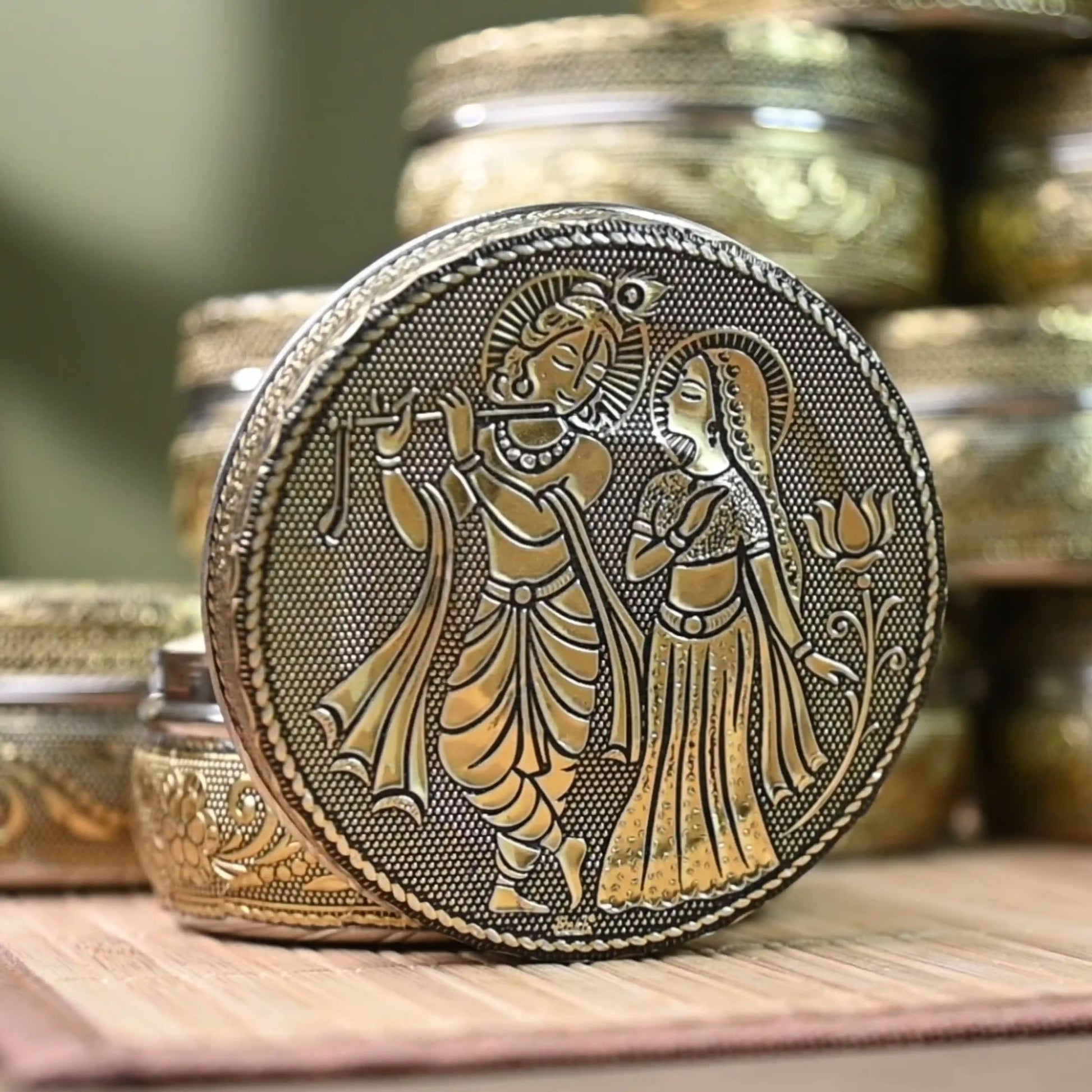 Stainless Steel Container with Lid |  Radha Krishna Oxidized Meenakari Snack Box