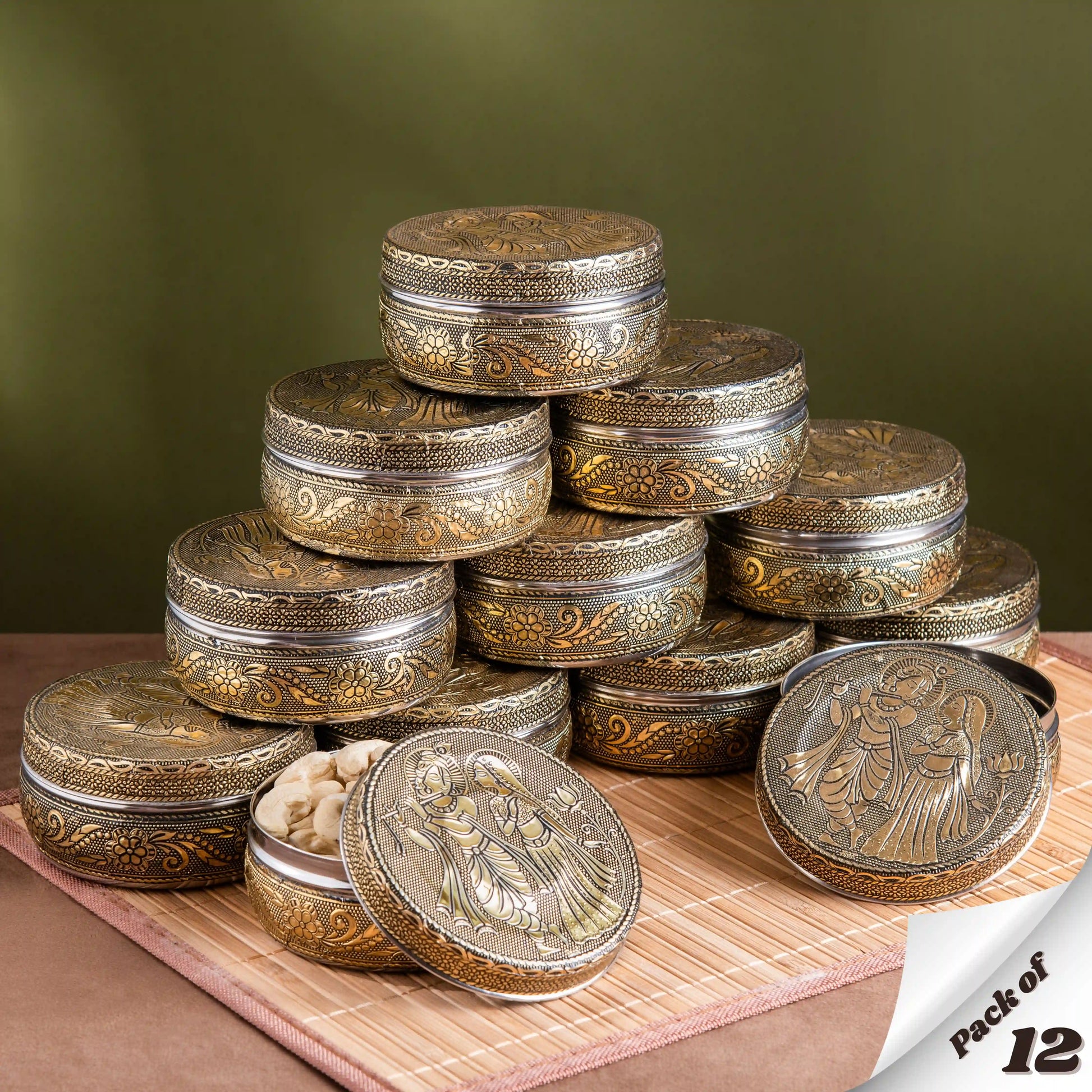 Stainless Steel Container with Lid |  Radha Krishna Oxidized Meenakari Snack Box