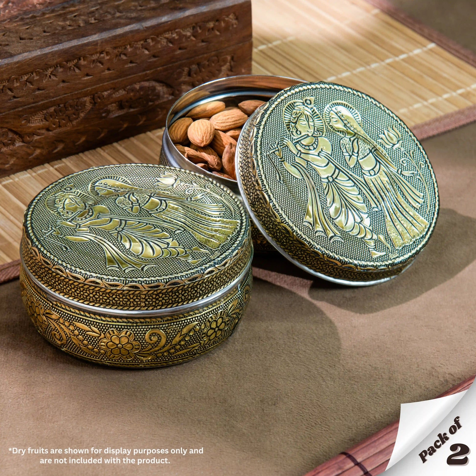 Stainless Steel Container with Lid |  Radha Krishna Oxidized Meenakari Snack Box