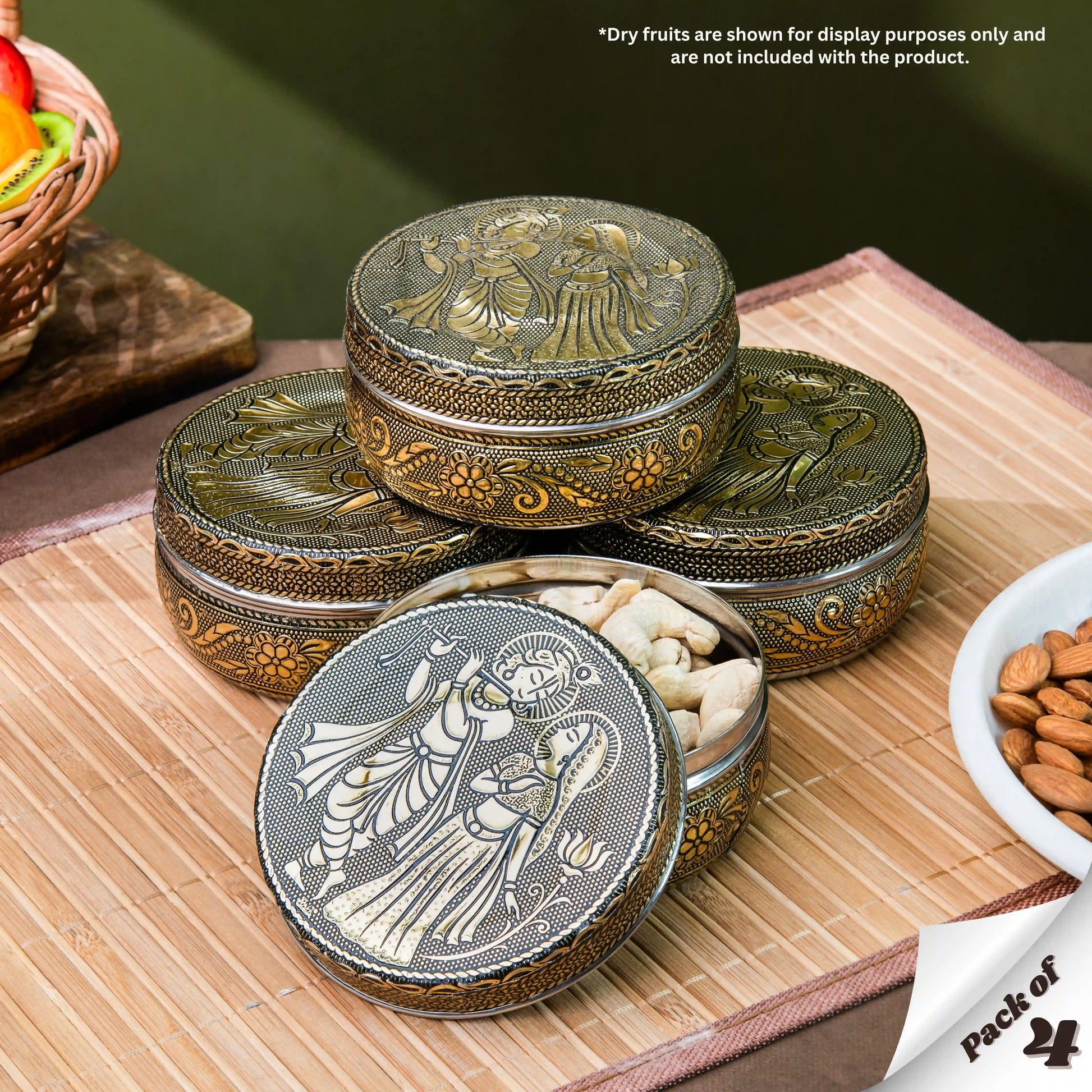 Stainless Steel Container with Lid |  Radha Krishna Oxidized Meenakari Snack Box