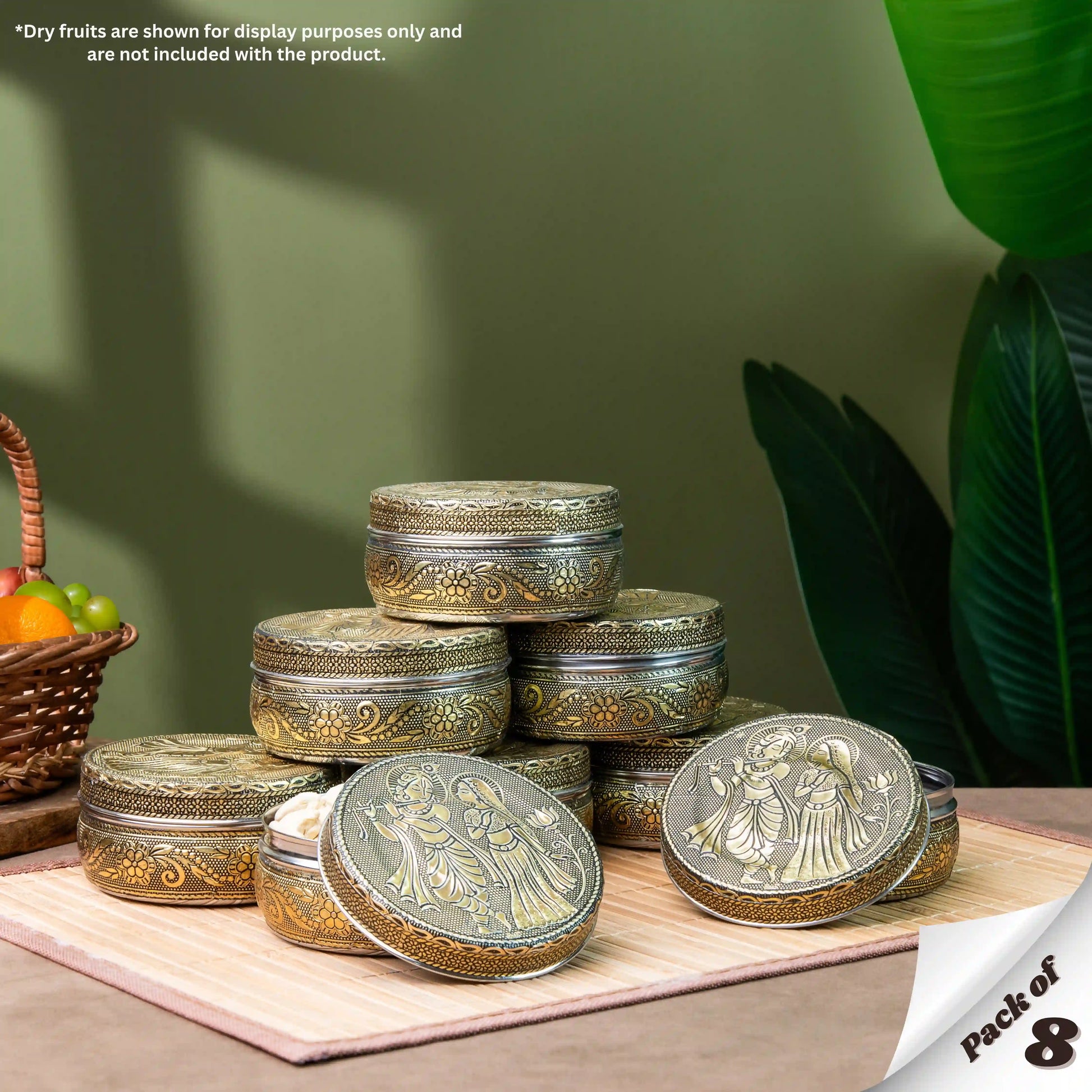 Stainless Steel Container with Lid |  Radha Krishna Oxidized Meenakari Snack Box