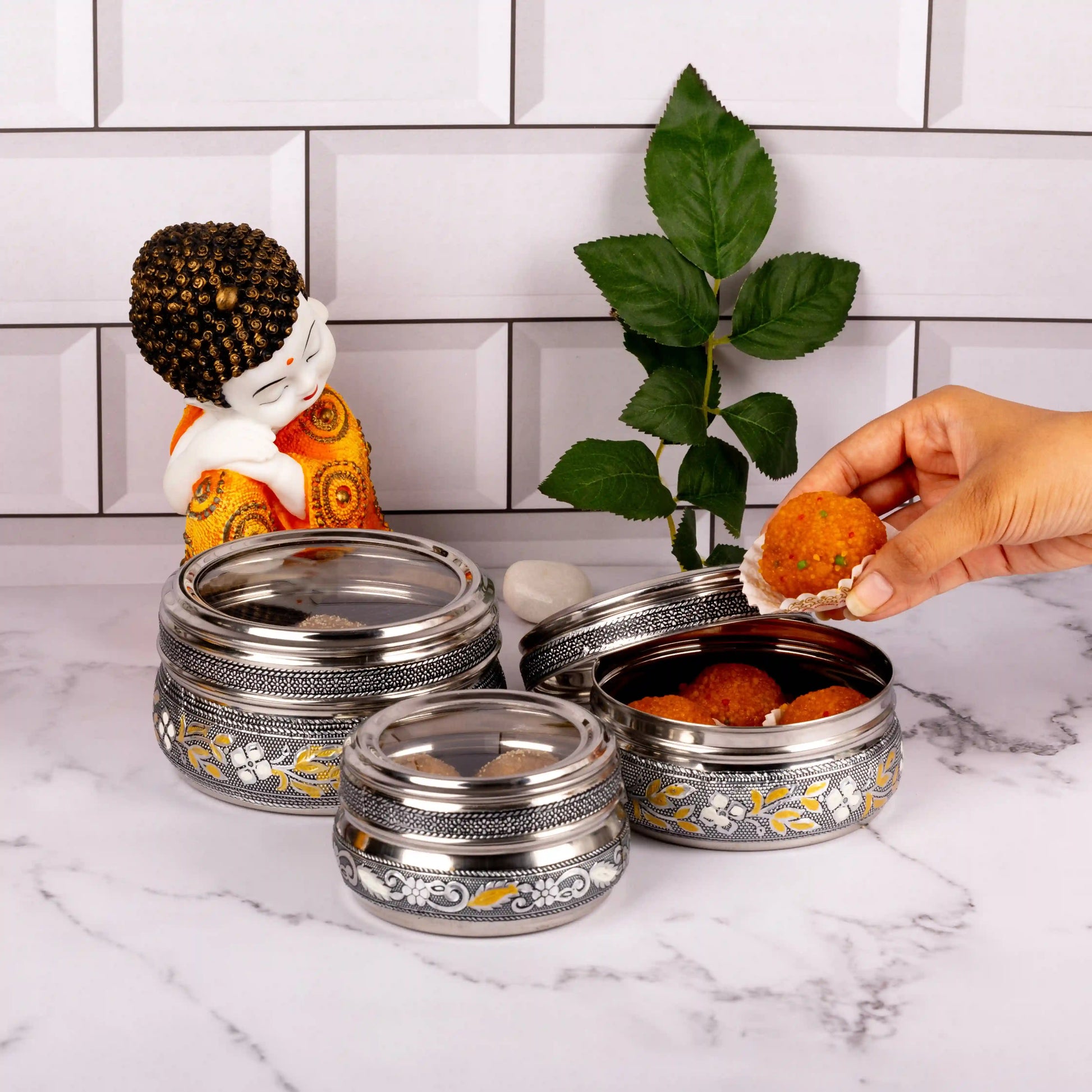 Steel Utility Containers Set with Transparent Lid | Oxidized Meenakari Storage Boxes
