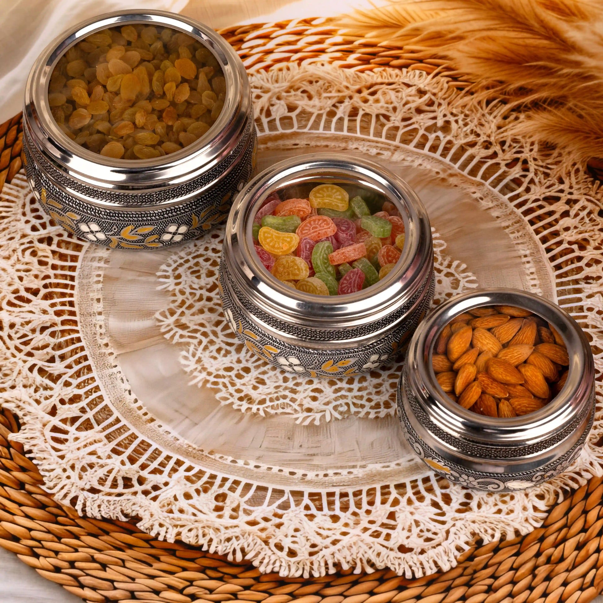 Steel Utility Containers Set with Transparent Lid | Oxidized Meenakari Storage Boxes