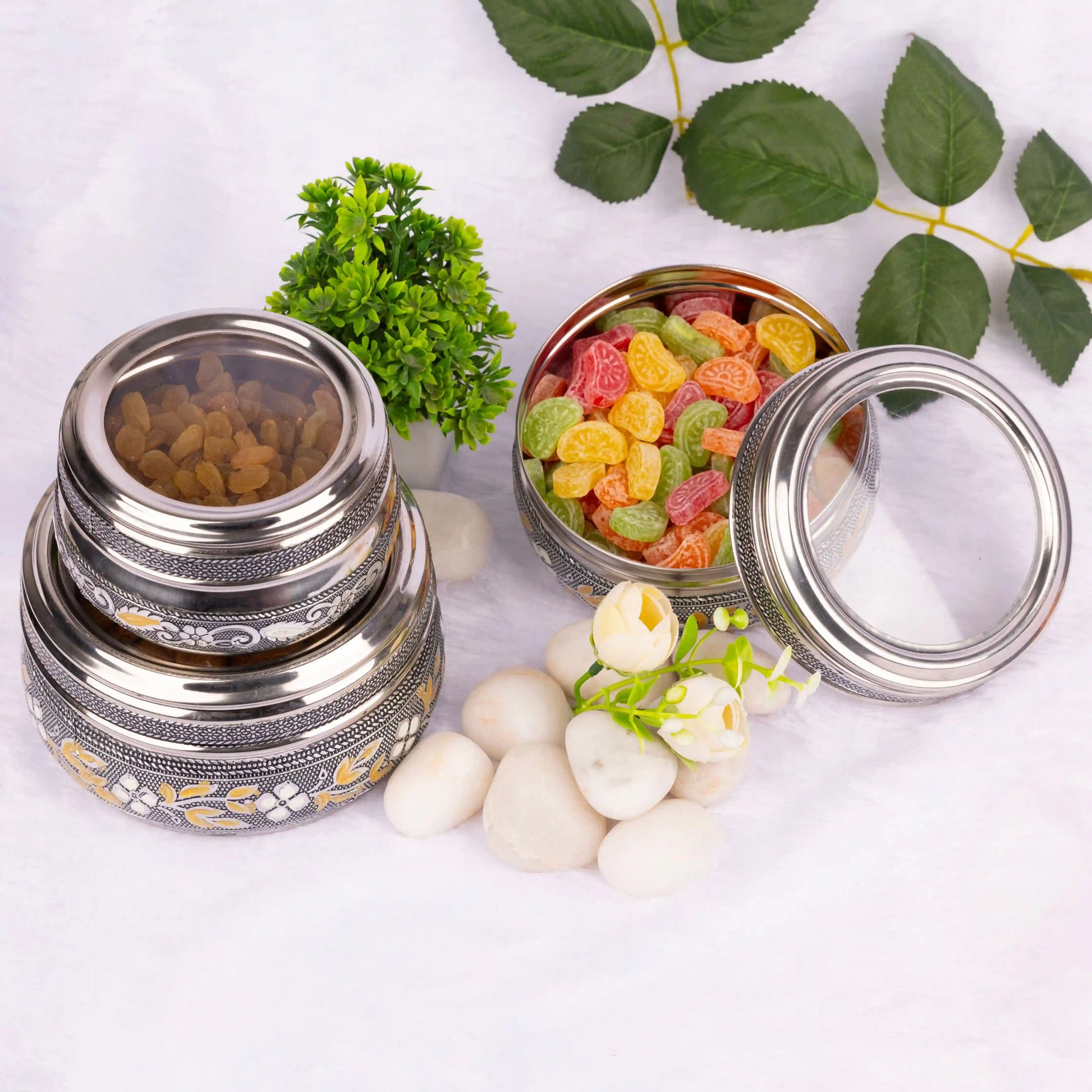 Steel Utility Containers Set with Transparent Lid | Oxidized Meenakari Storage Boxes