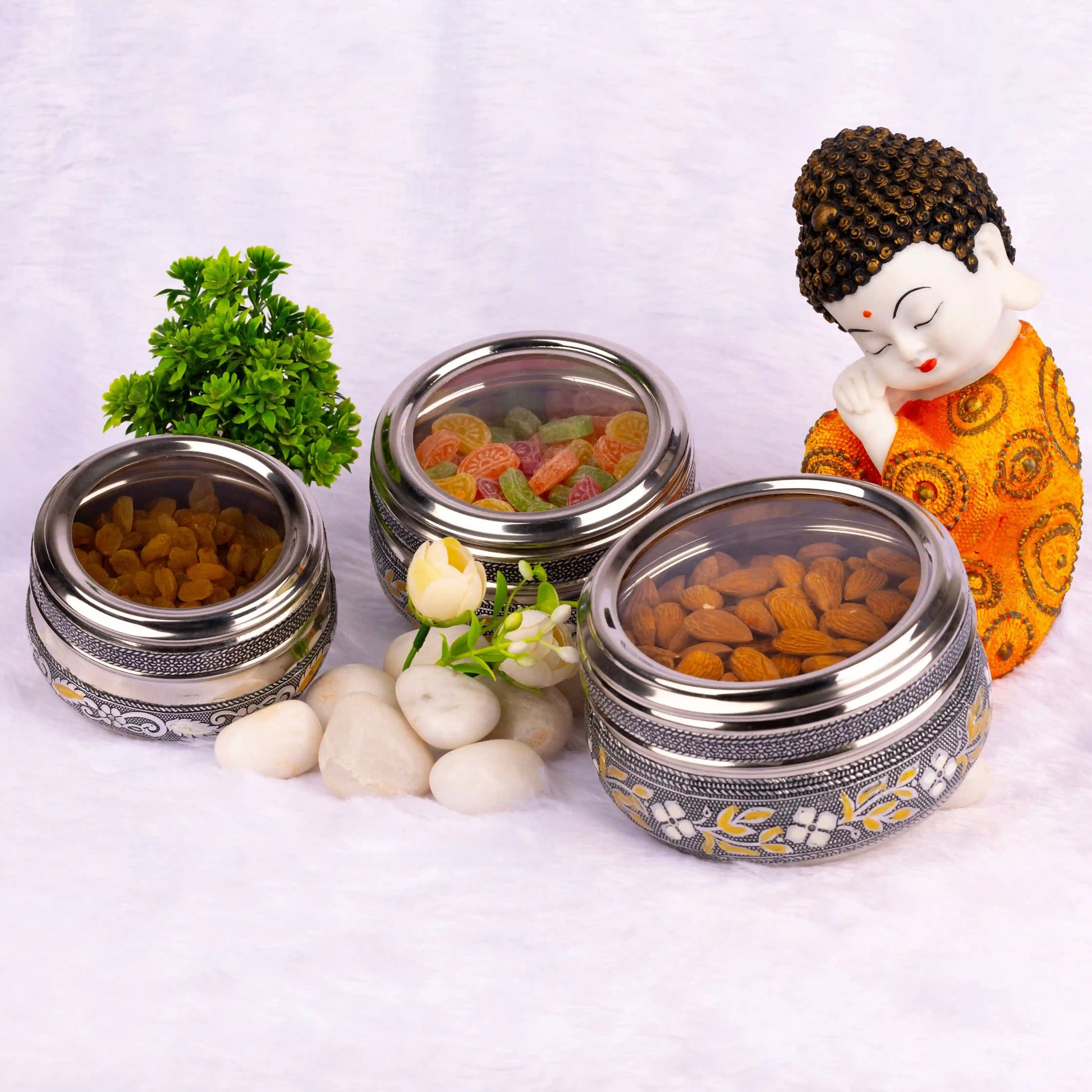 Steel Utility Containers Set with Transparent Lid | Oxidized Meenakari Storage Boxes