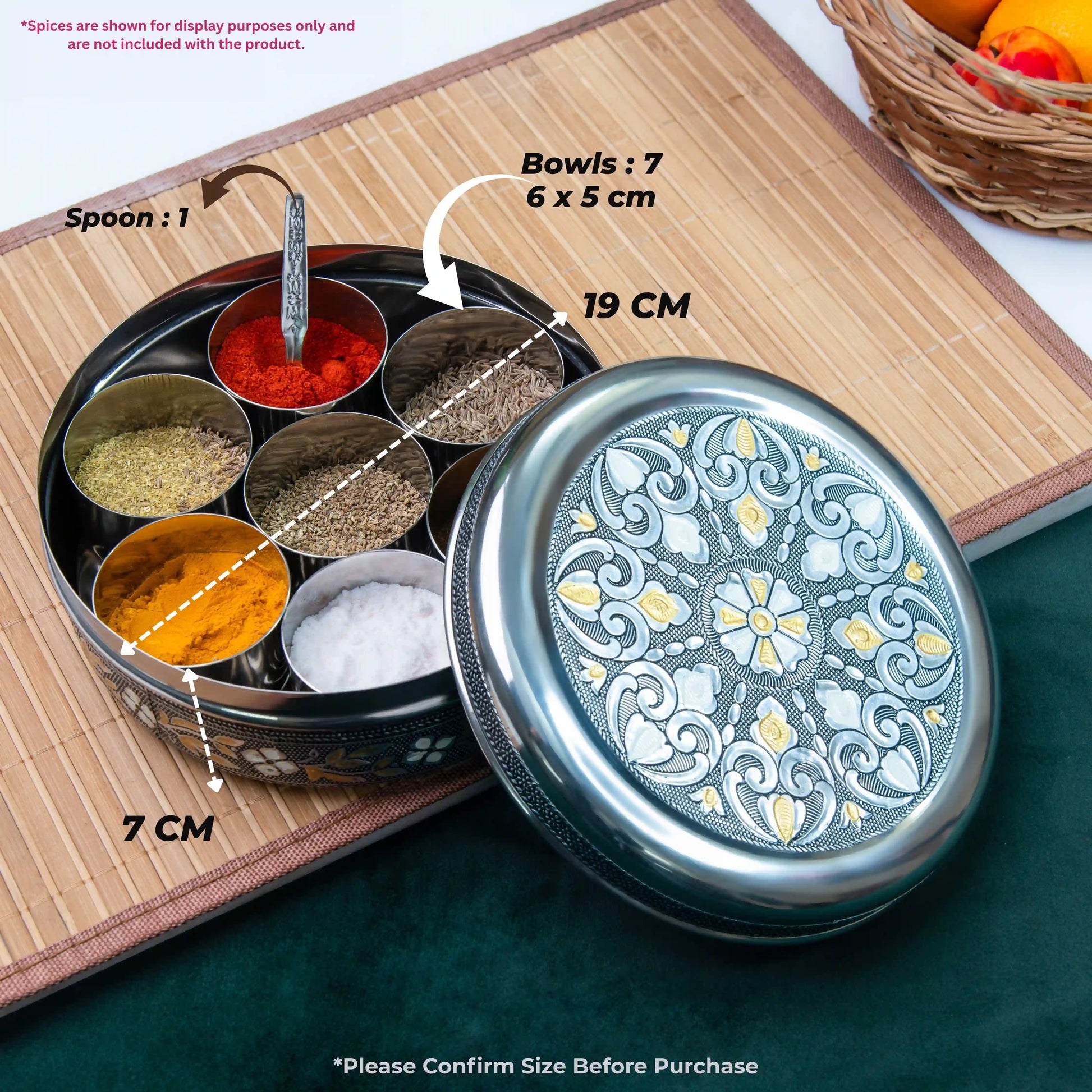 Spice Box Stainless Steel Masala Box | Meenakari Container with 7 Bowls & Spoon