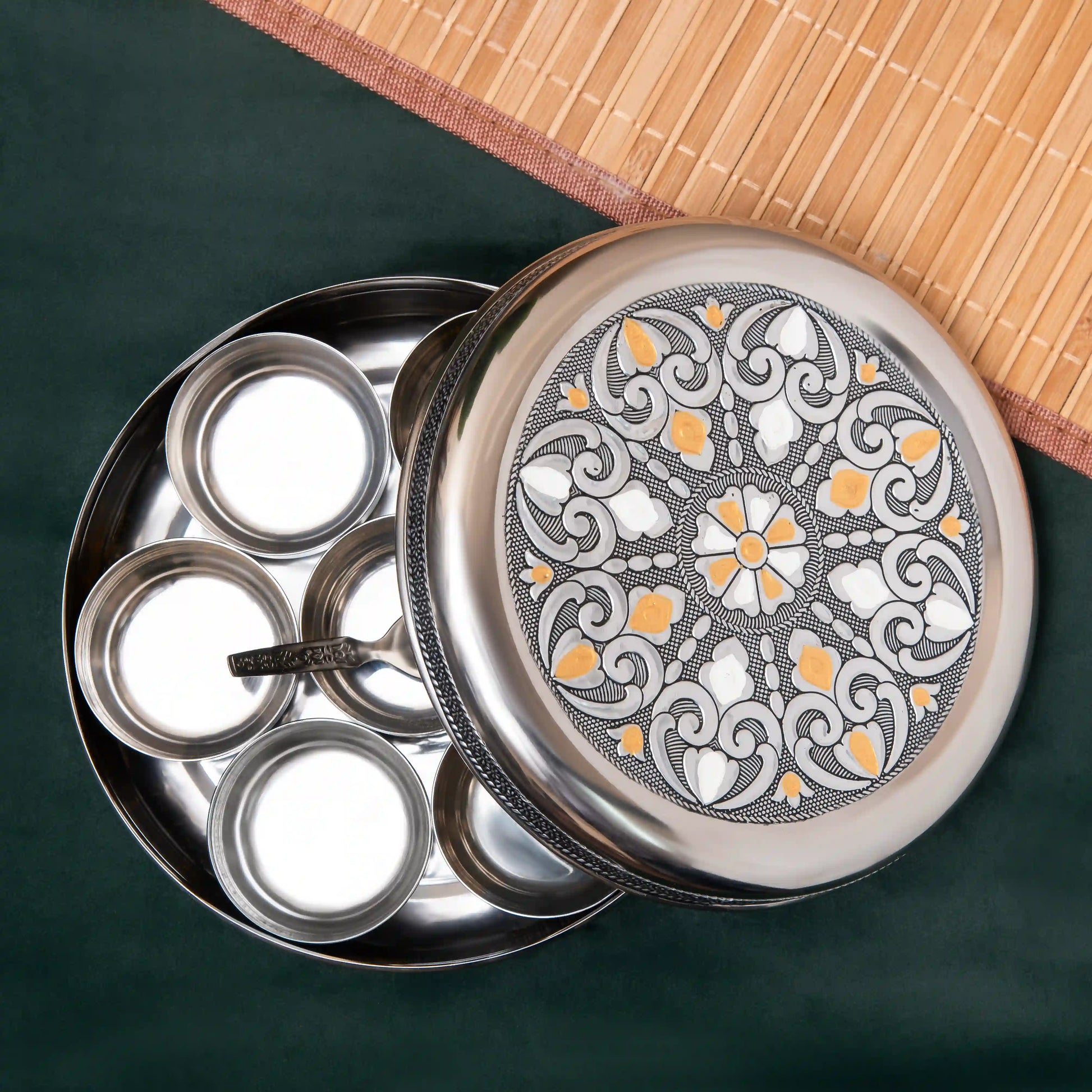 Spice Box Stainless Steel Masala Box | Meenakari Container with 7 Bowls & Spoon