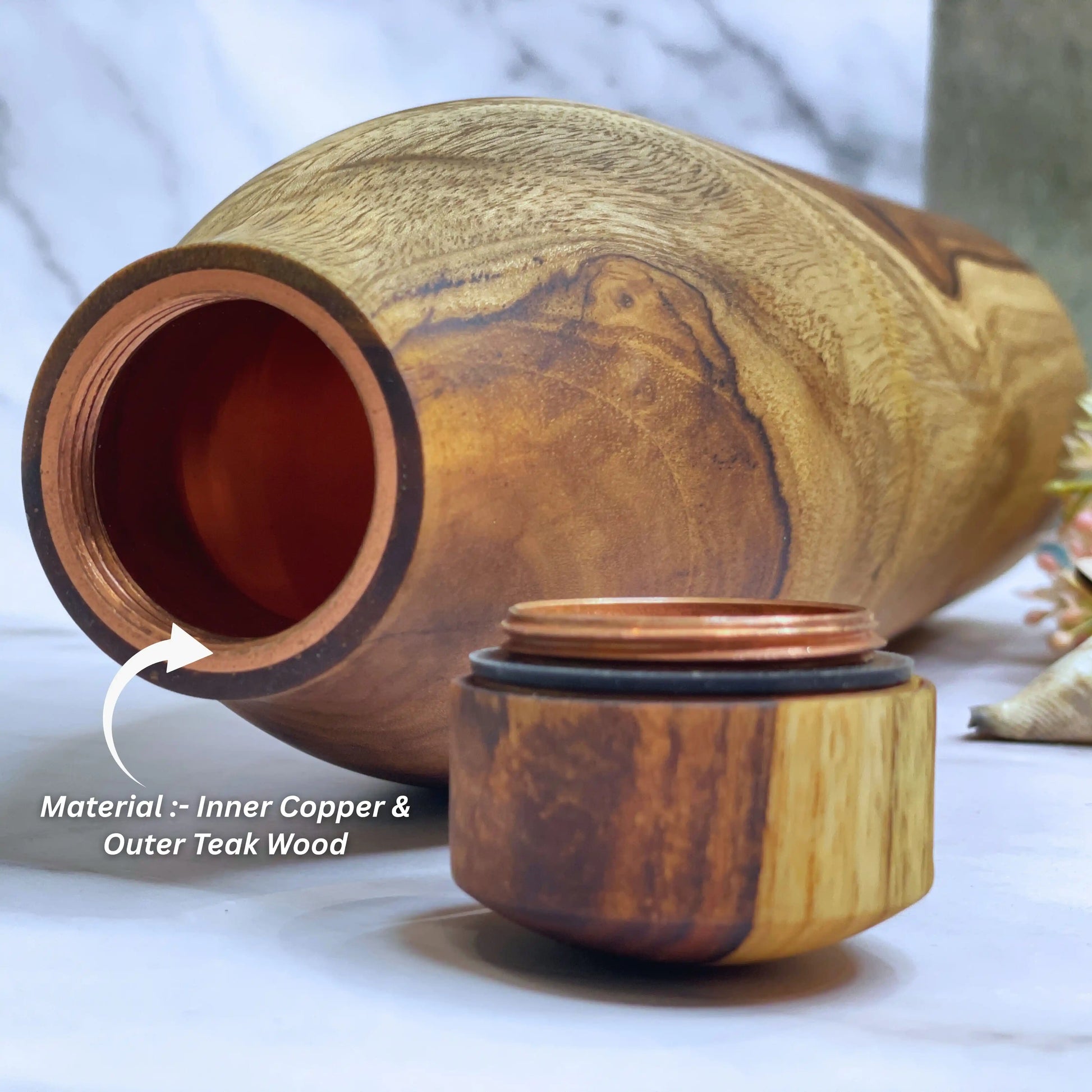 Wooden Copper Water Bottle 950ml | Handcrafted Copper Lined Bottle for Travel