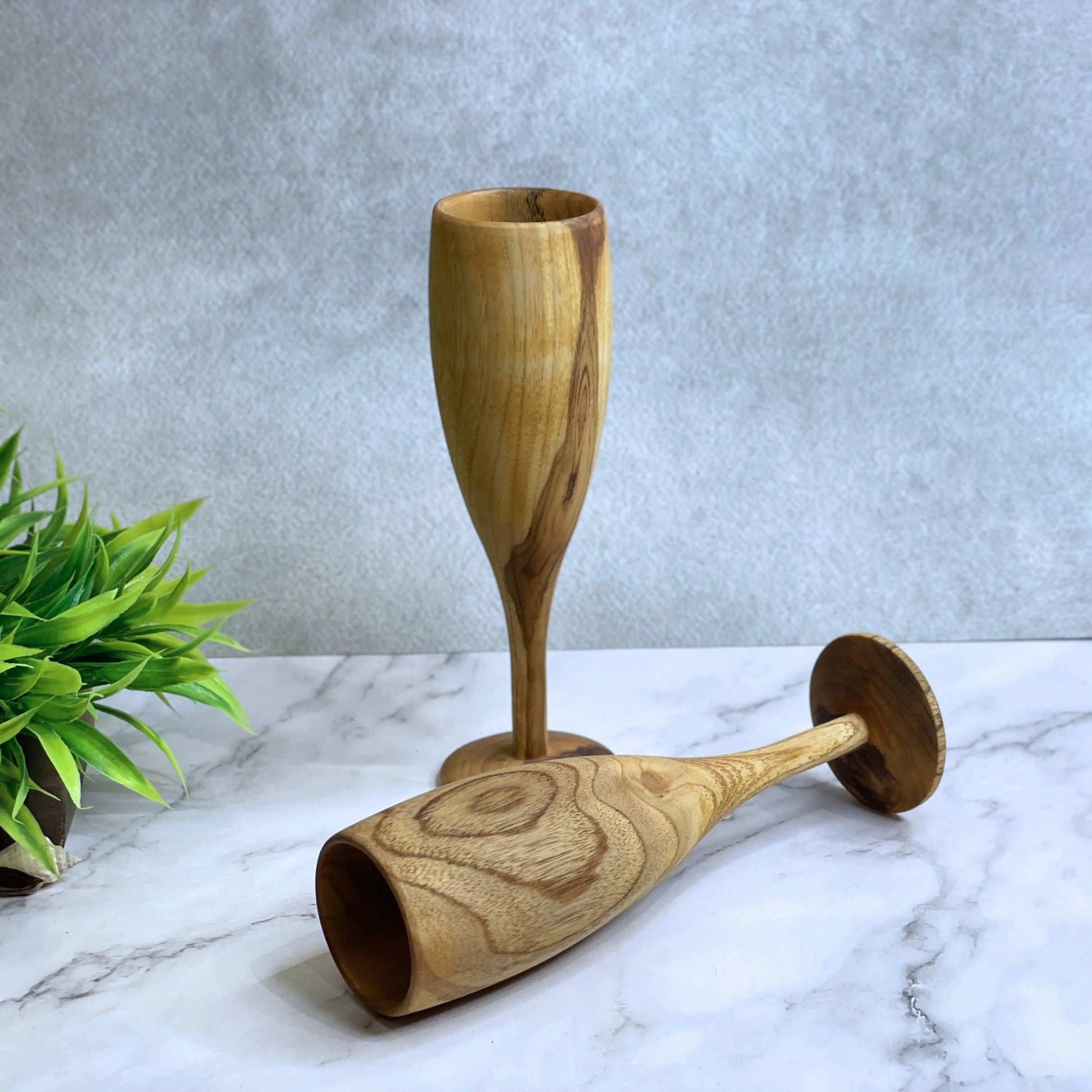 Wooden Champagne Glasses Set of 2 | Handcrafted Teak Wood Flutes for Parties