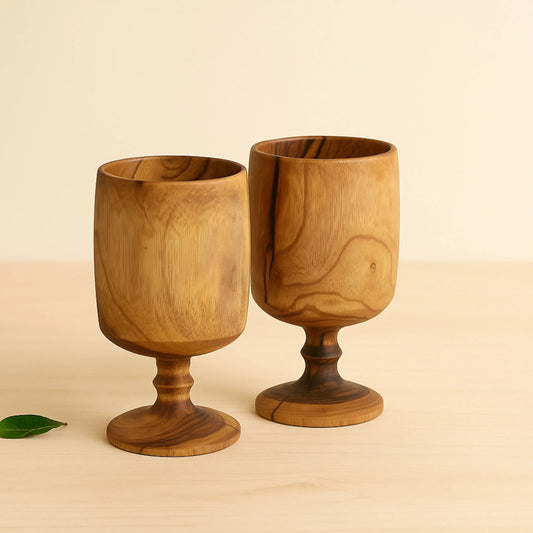 Wine Goblet Wooden Stand Glass Set of 2 | Rustic Handcrafted Drinkware for Home