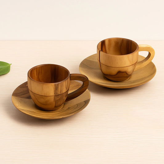 Wooden Tea Cup & Saucer Set of 2 | Handcrafted Teak Wood Cups with Plates