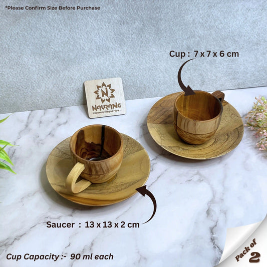 Wooden Tea Cup & Saucer Set of 2 | Handcrafted Teak Wood Cups with Plates
