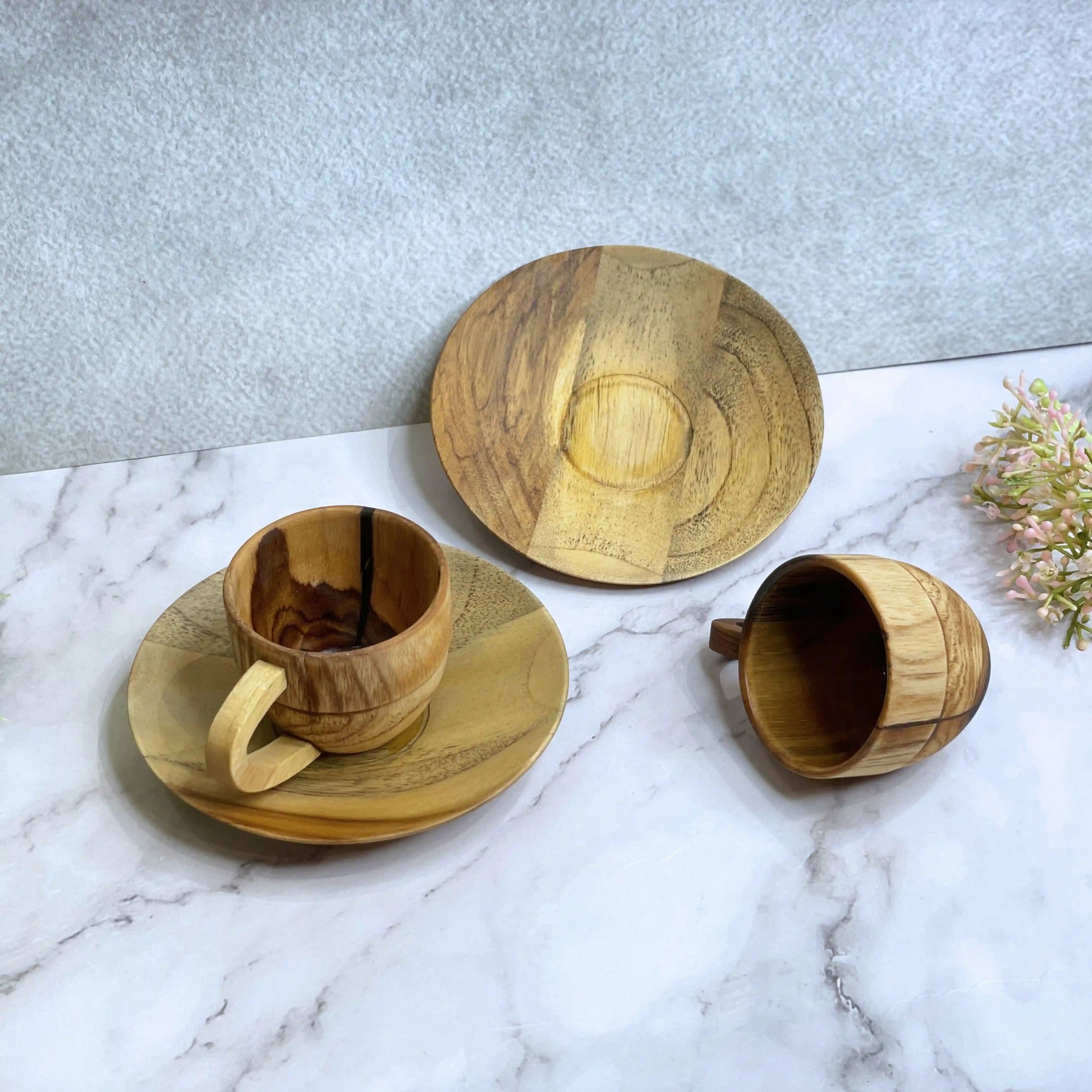 Wooden Tea Cup & Saucer Set of 2 | Handcrafted Teak Wood Cups with Plates