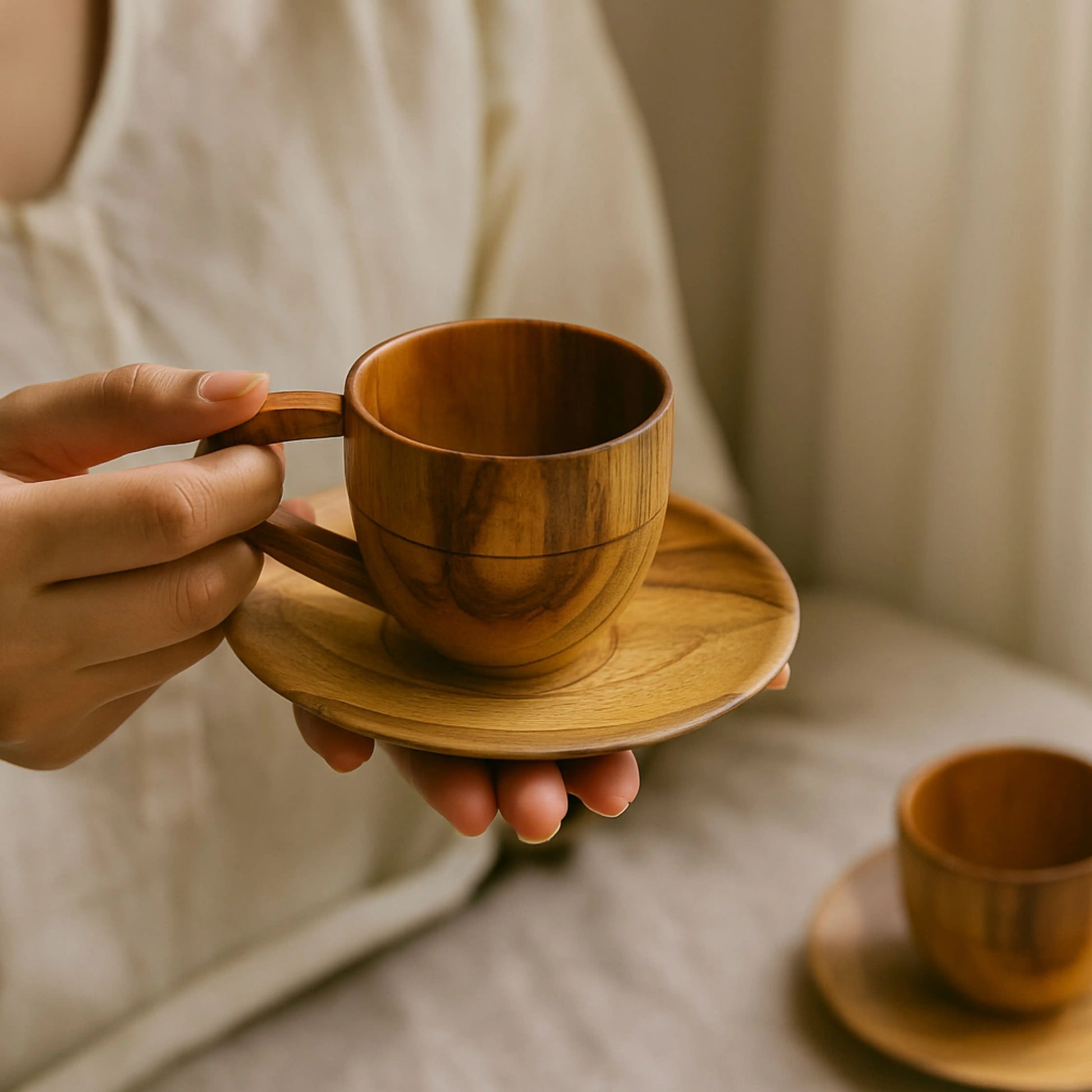 Wooden Tea Cup & Saucer Set of 2 | Handcrafted Teak Wood Cups with Plates