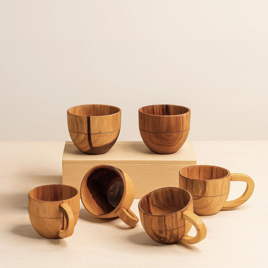 Wooden Tea Cups Set of 6 | Handcrafted Teak Wood Chai Cups for Tea & Coffee