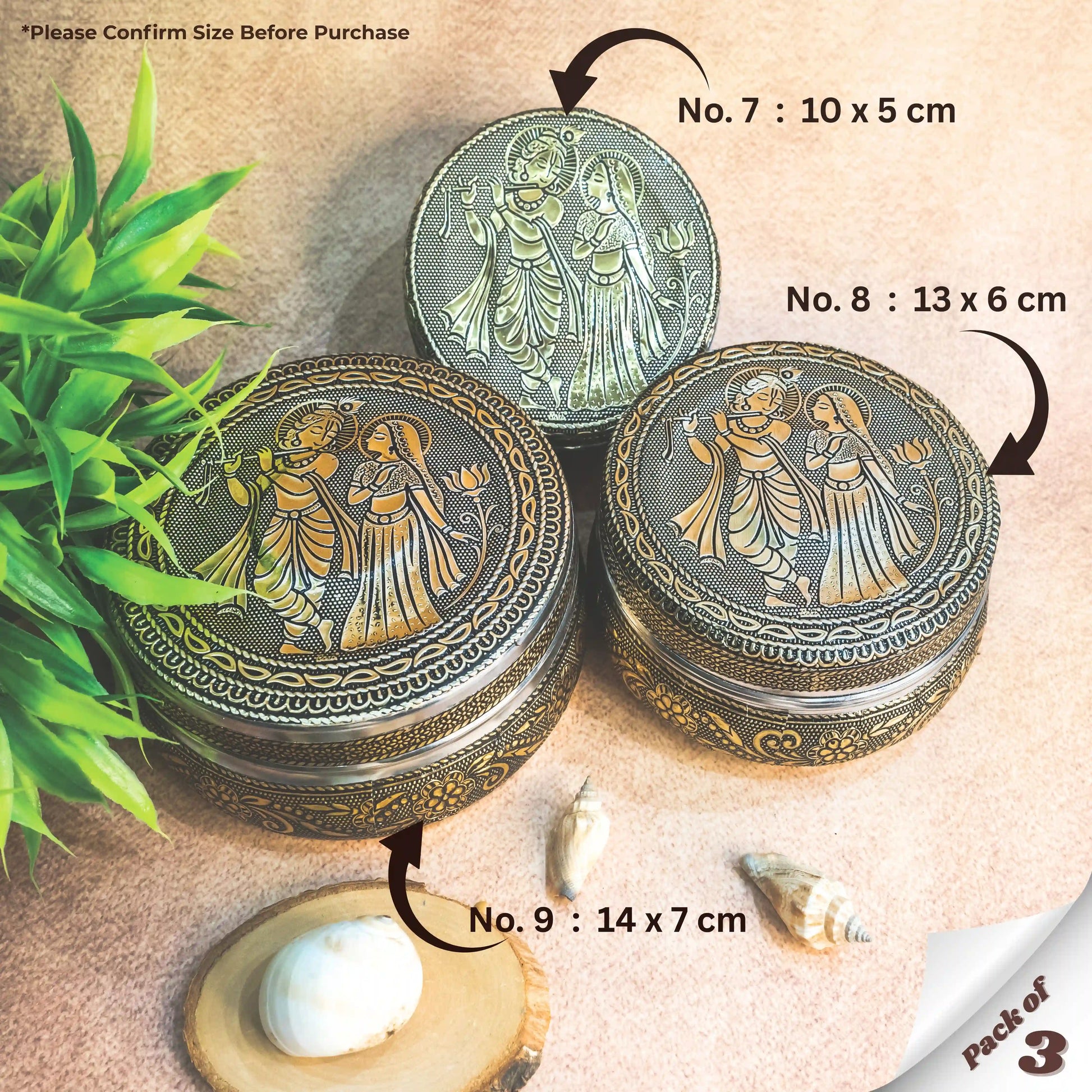 Stainless Steel Container with Lid Radha Krishna | Oxidized Meenakari Snack Box Pack of 3