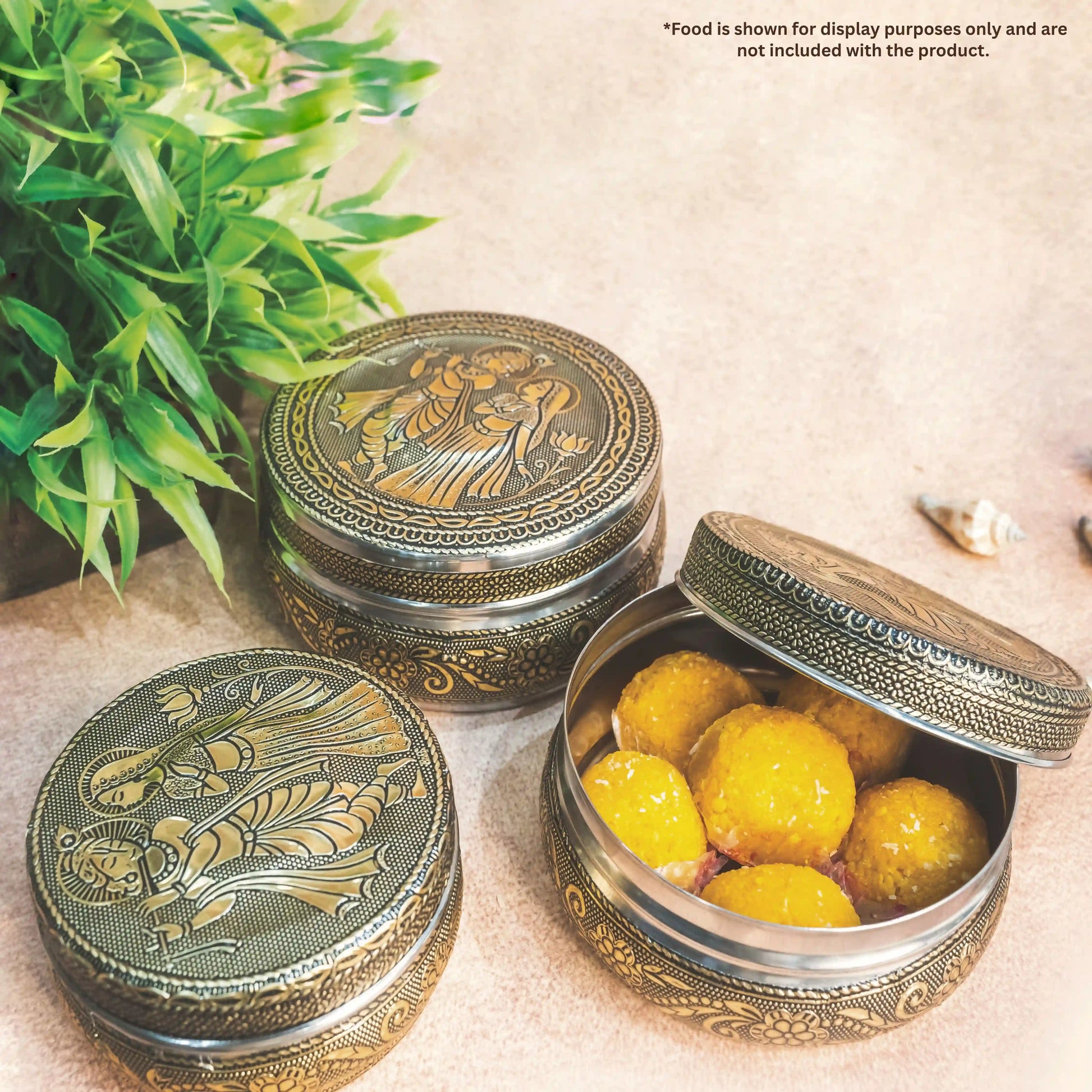 Stainless Steel Container with Lid Radha Krishna | Oxidized Meenakari Snack Box Pack of 3