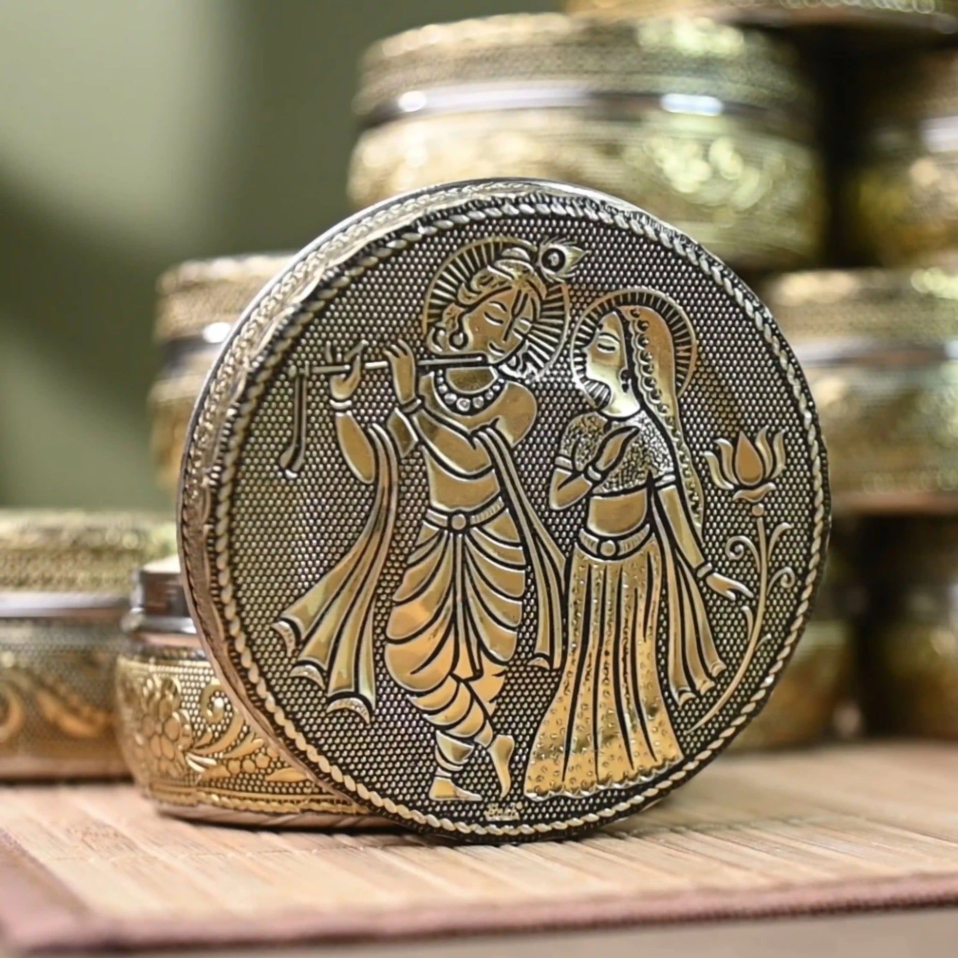 Stainless Steel Container with Lid Radha Krishna | Oxidized Meenakari Snack Box Pack of 3