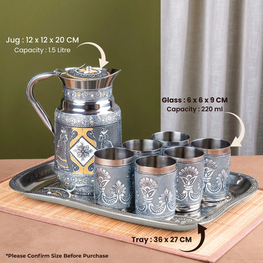 Glass Jug Set with Serving Tray | Stainless Steel Water Jug with 6 Glasses