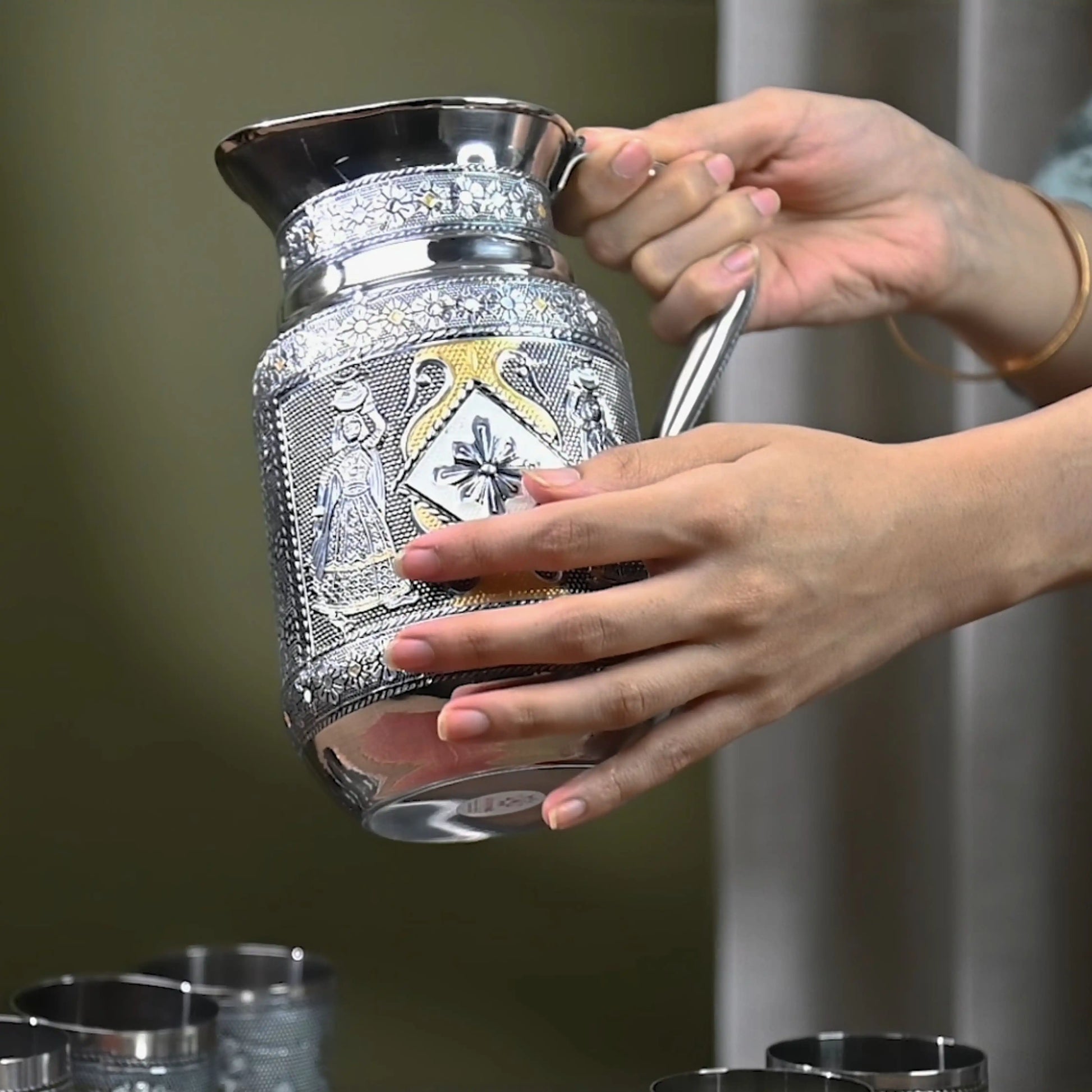 Glass Jug Set with Serving Tray | Stainless Steel Water Jug with 6 Glasses