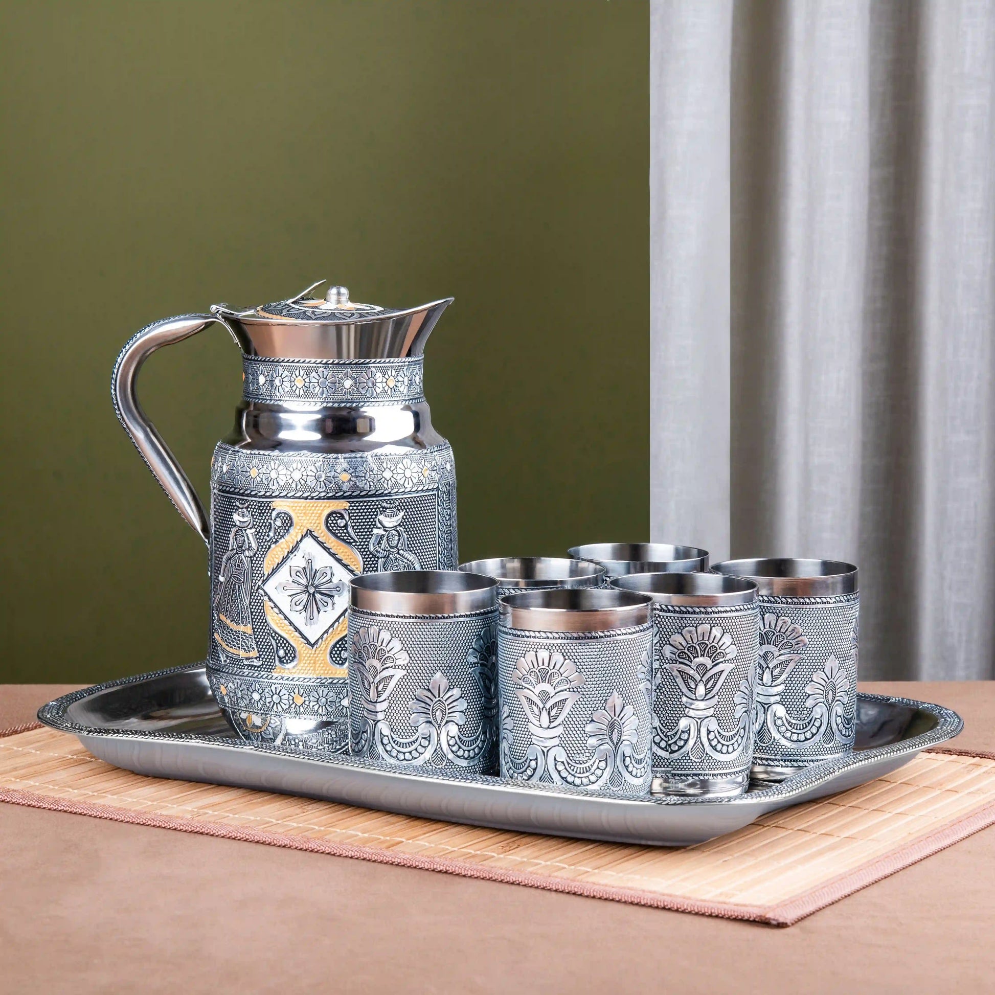 Glass Jug Set with Serving Tray | Stainless Steel Water Jug with 6 Glasses