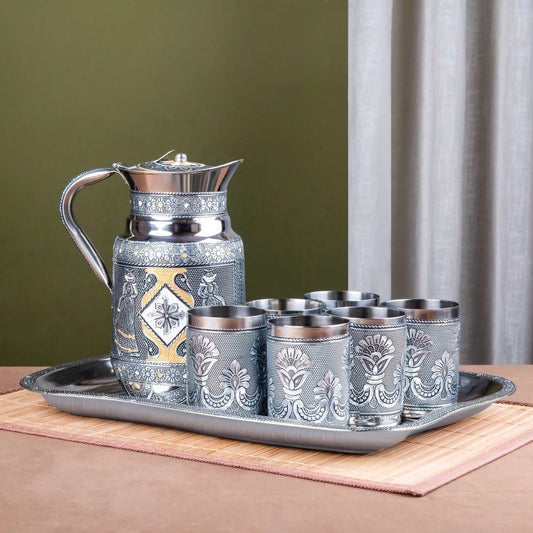Glass Jug Set with Serving Tray | Stainless Steel Water Jug with 6 Glasses