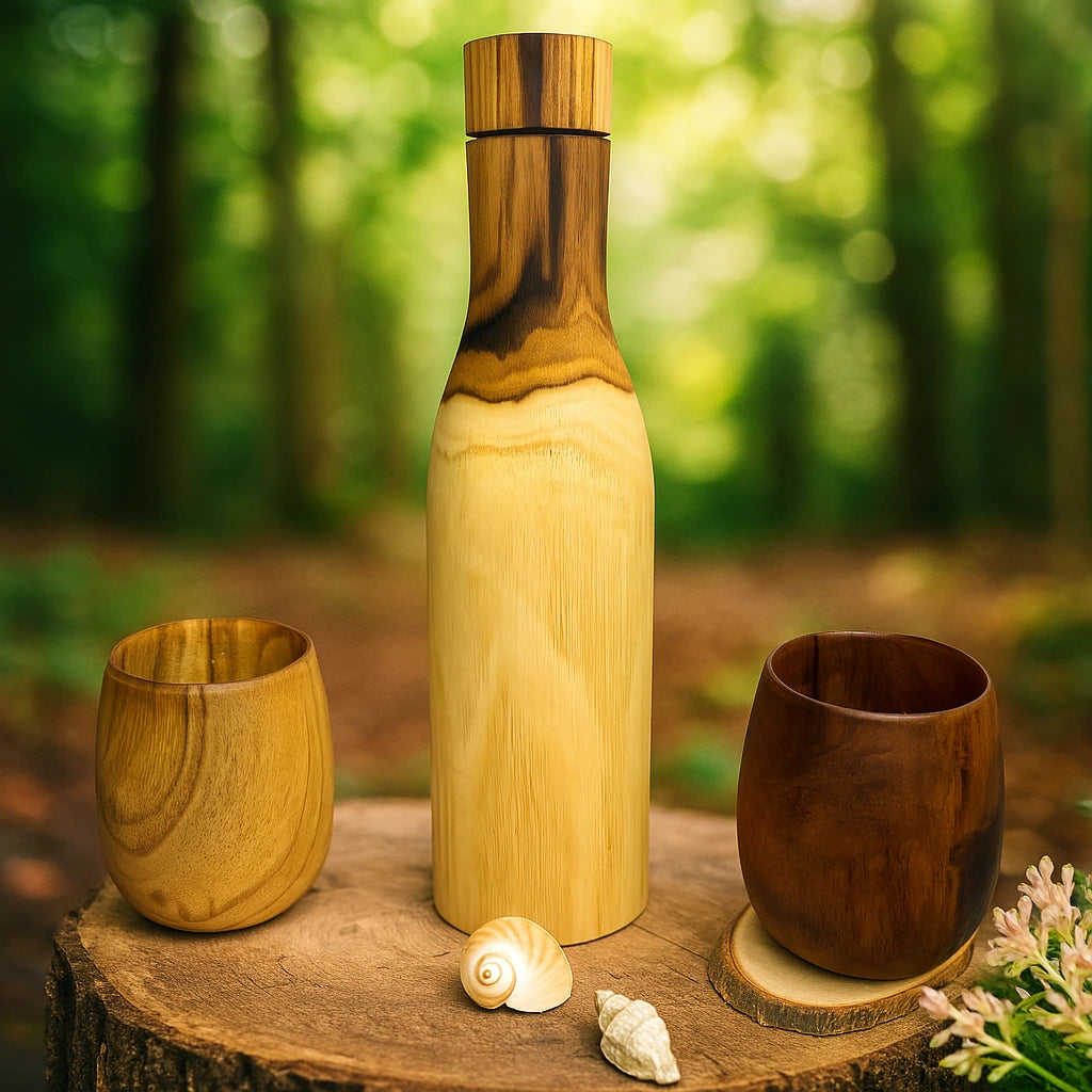 Water Bottle Glass Set | Wooden Copper Lined Bottle with 2 Wooden Glasses