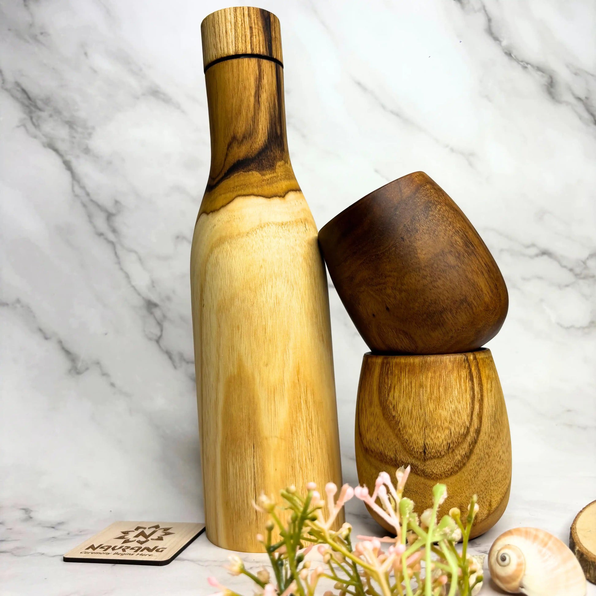 Water Bottle Glass Set | Wooden Copper Lined Bottle with 2 Wooden Glasses
