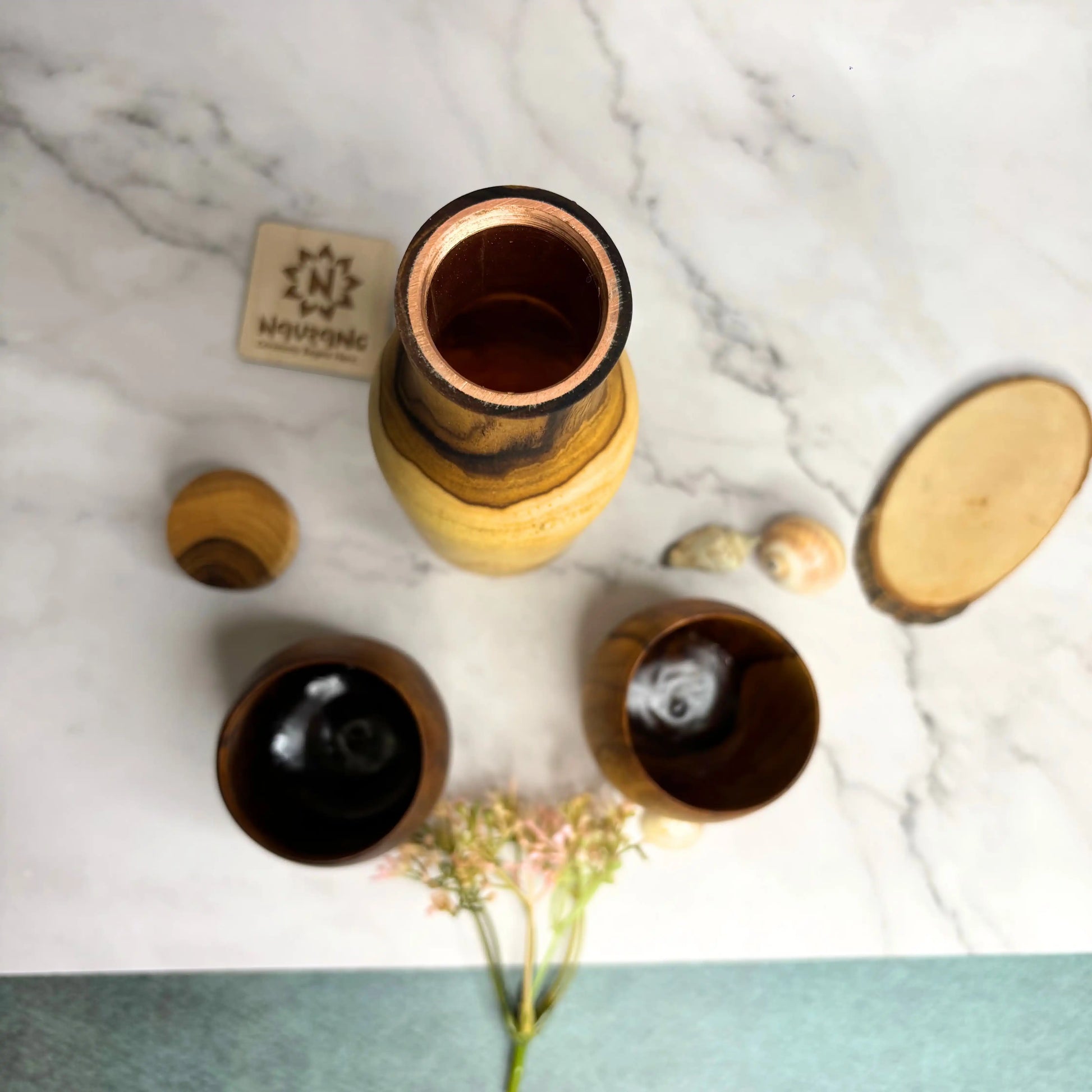 Water Bottle Glass Set | Wooden Copper Lined Bottle with 2 Wooden Glasses