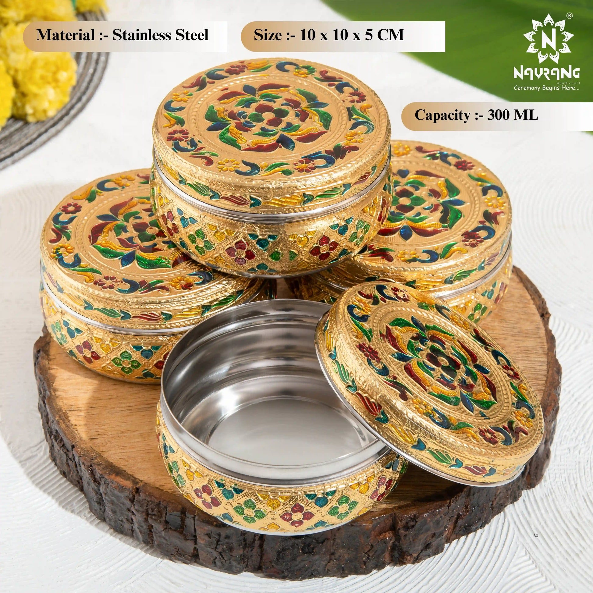 Meenakari Floral Steel Utility Container 300 ml | Decorative Kitchen Dabba