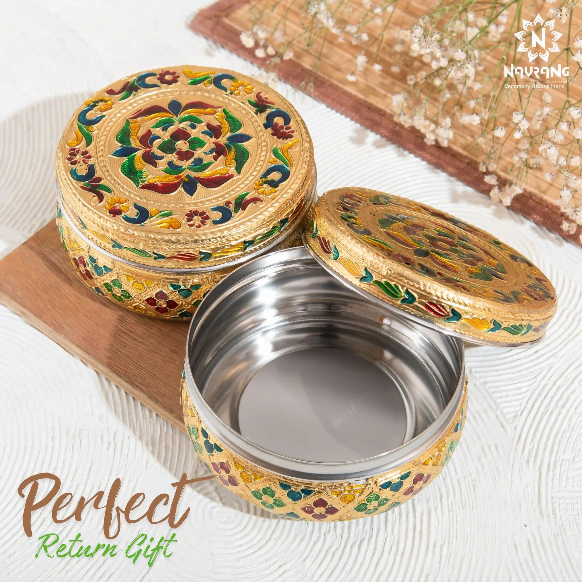 Meenakari Floral Steel Utility Container 300 ml | Decorative Kitchen Dabba