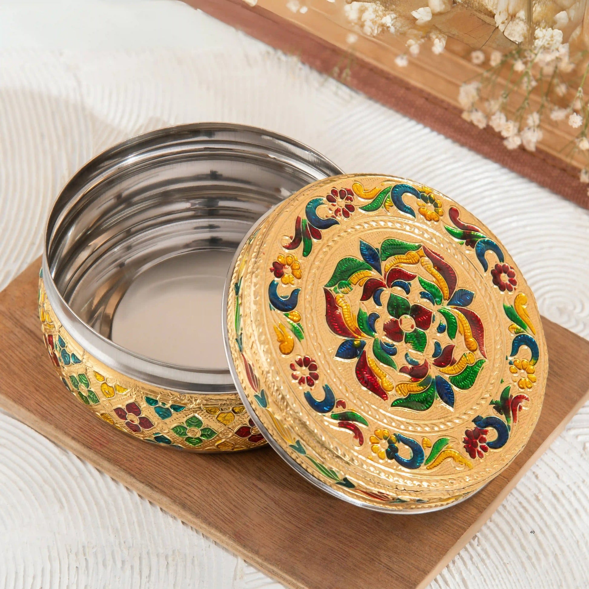 Meenakari Floral Steel Utility Container 300 ml | Decorative Kitchen Dabba