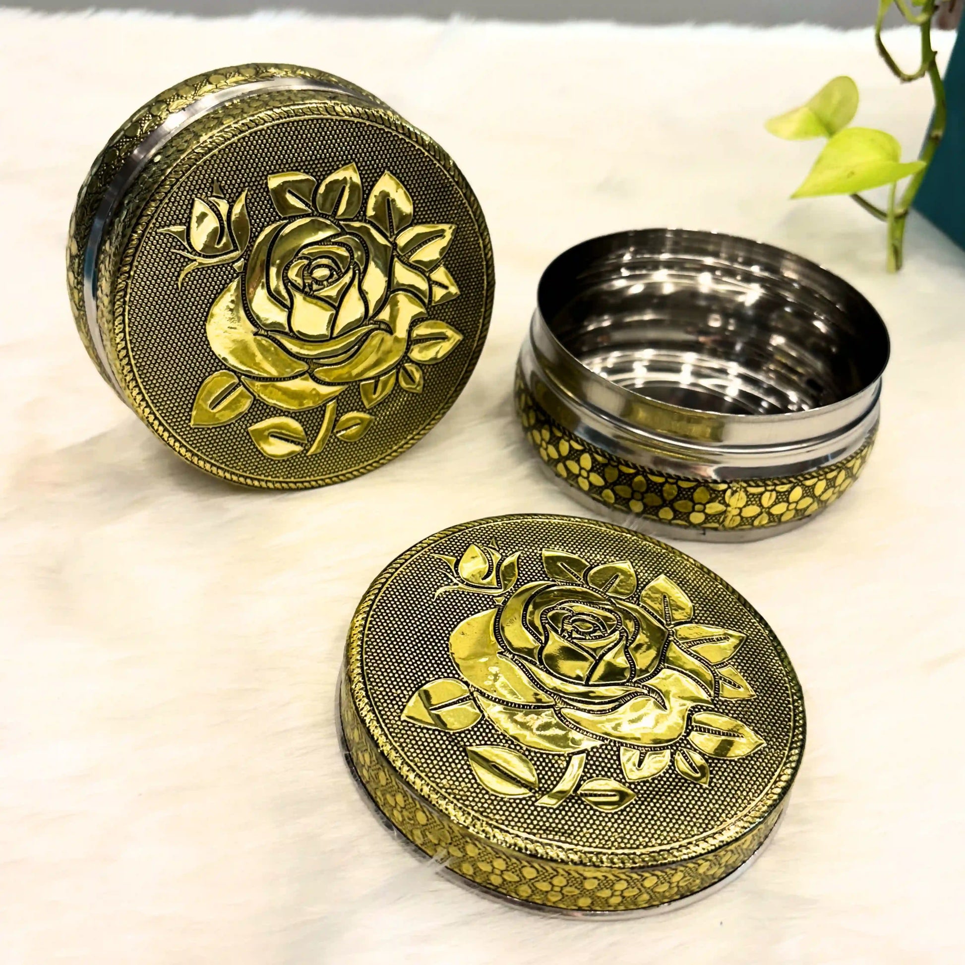 Oxidized Rose Design Steel Utility Container 250 ml | Floral Kitchen Storage