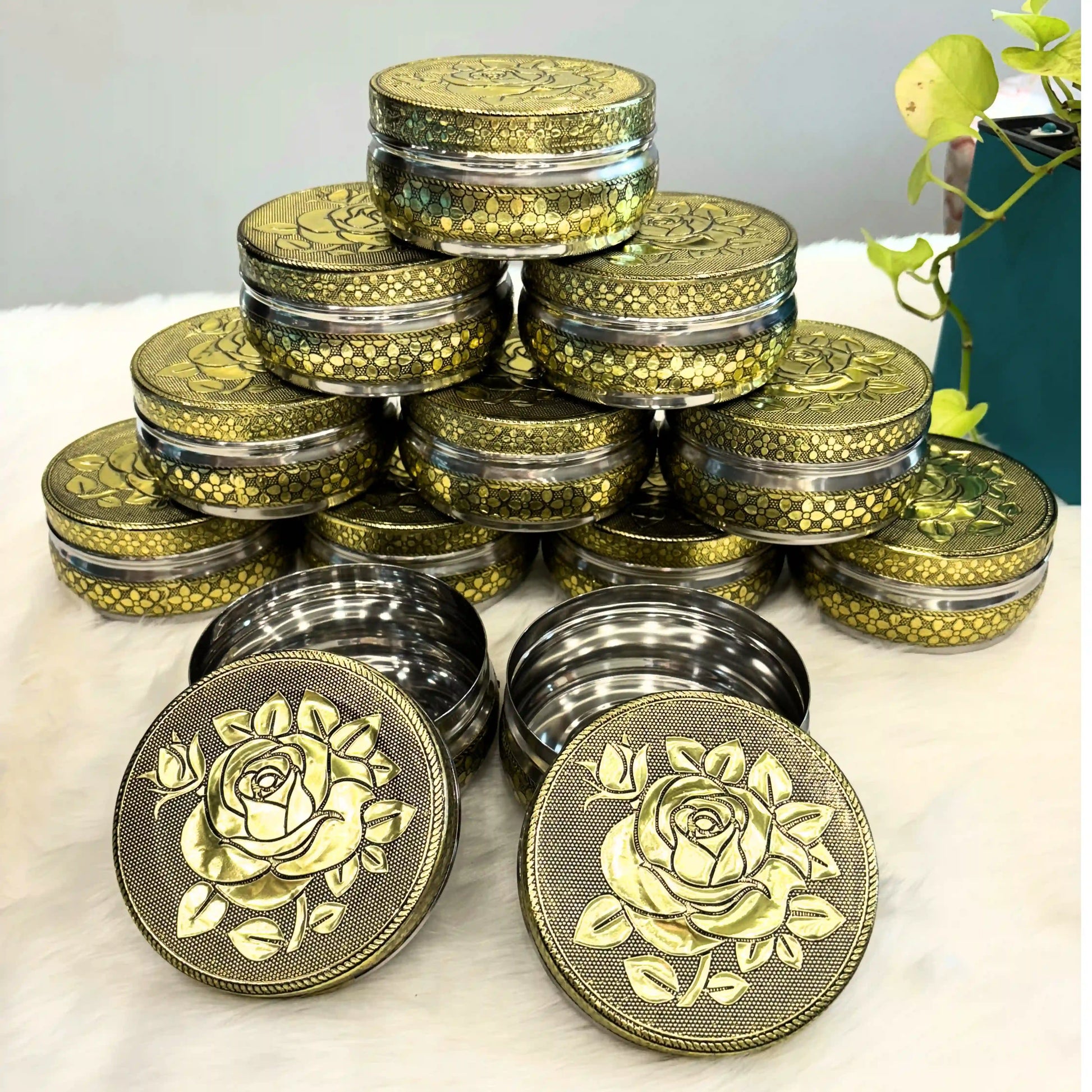Oxidized Rose Design Steel Utility Container 250 ml | Floral Kitchen Storage