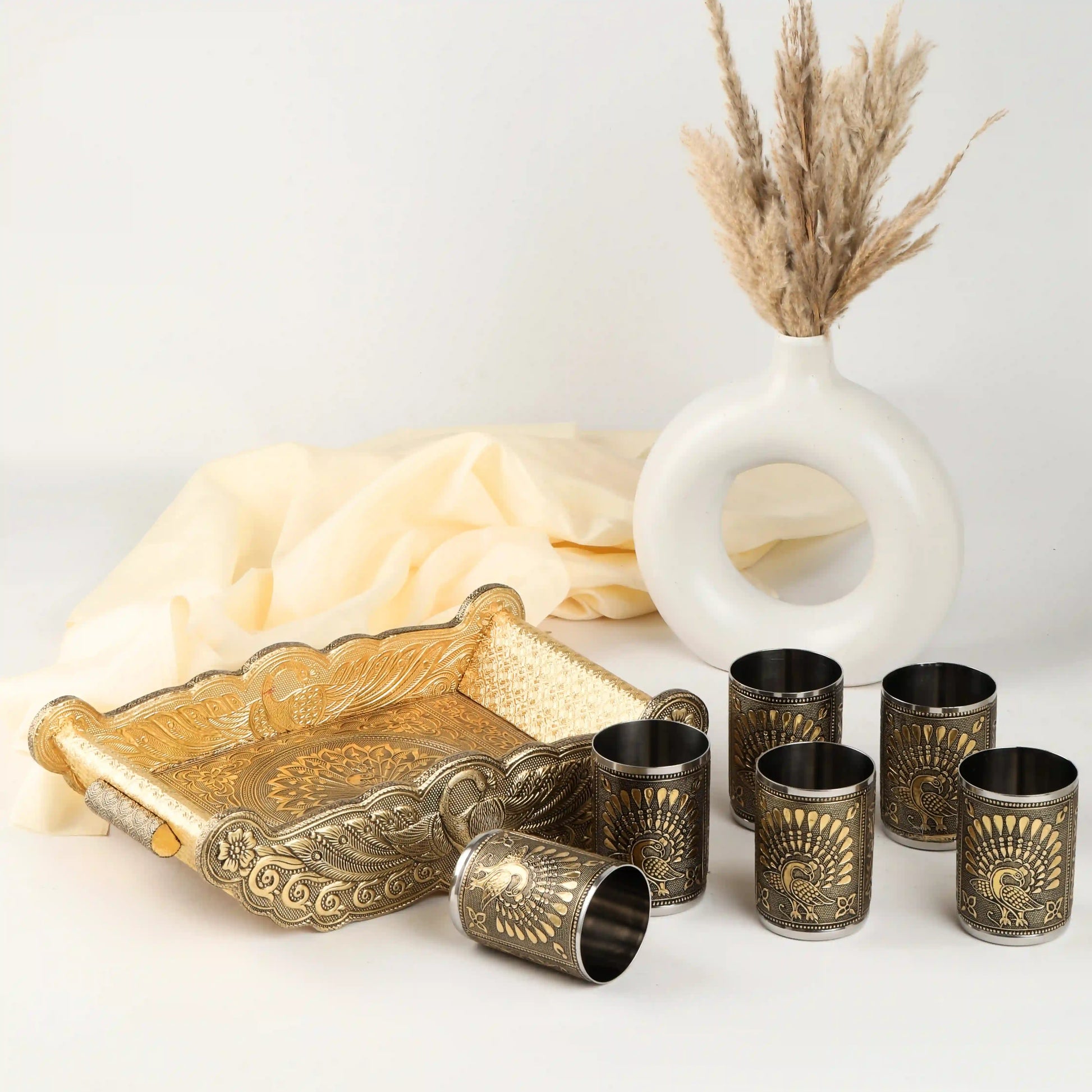 Embossed Peacock Design Glass Tray Set | Decorative Serving Tray for Home