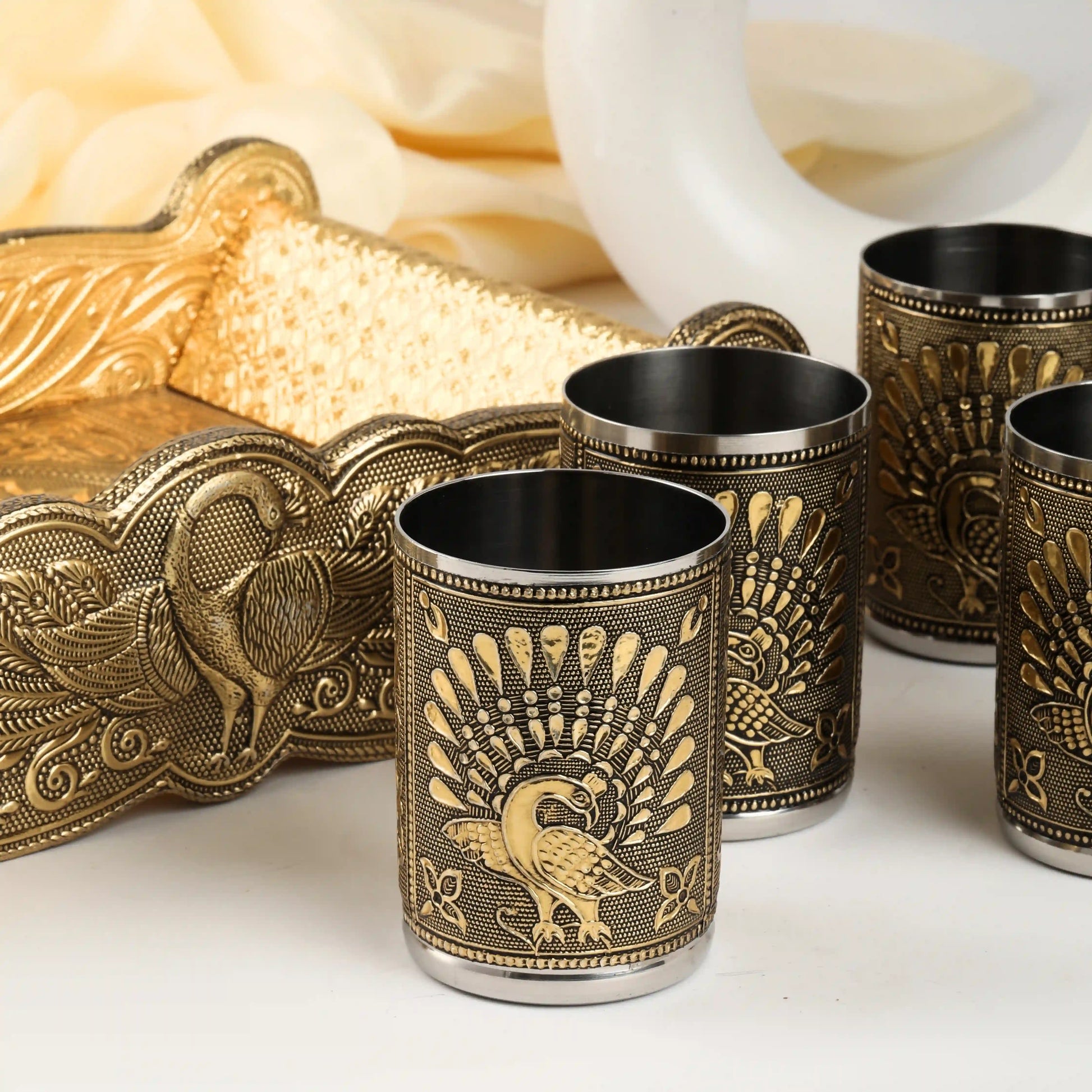 Embossed Peacock Design Glass Tray Set | Decorative Serving Tray for Home