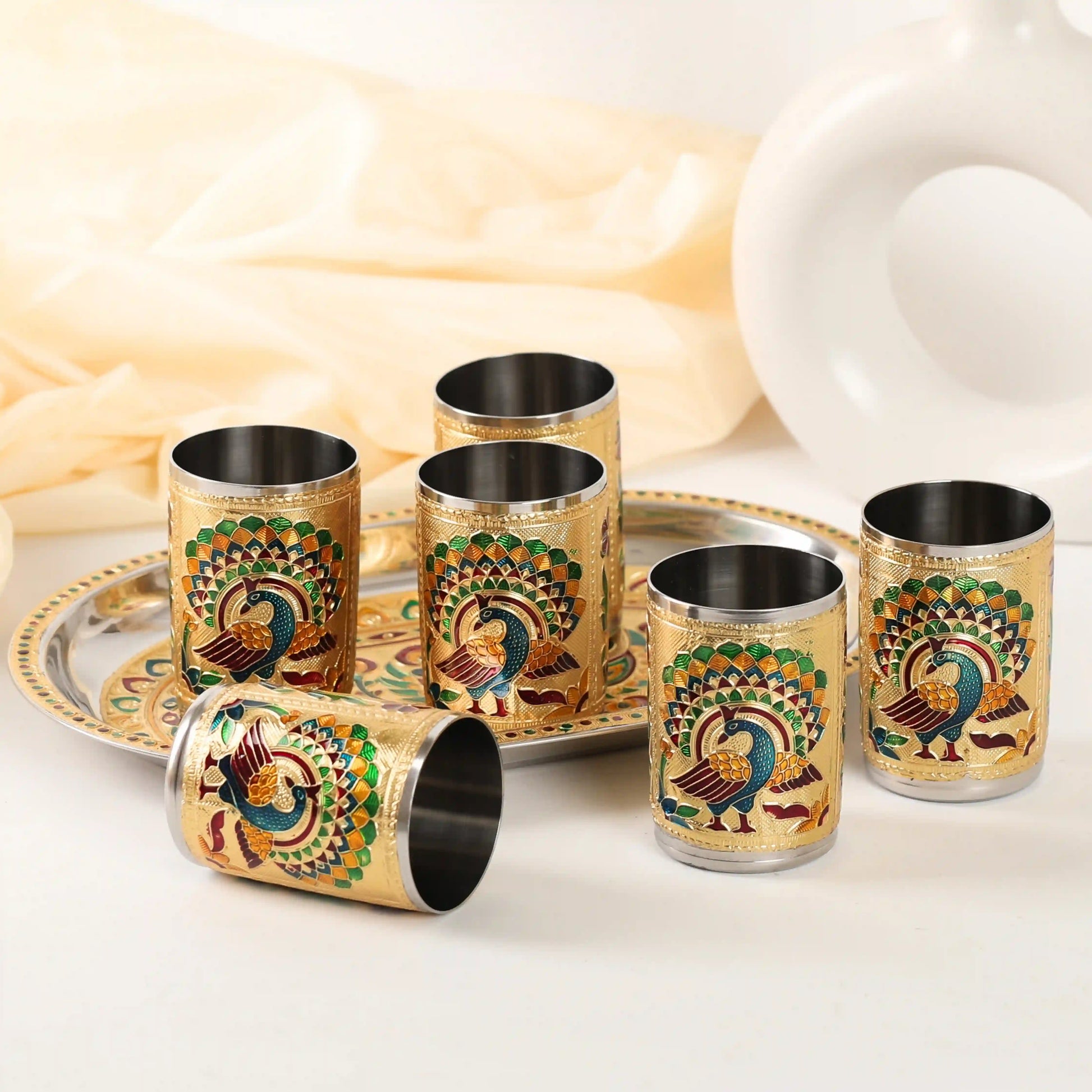 Meenakari Glass Tray Set | Steel Serving Tray for Water & Snacks