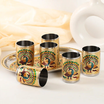 Meenakari Glass Tray Set | Steel Serving Tray for Water & Snacks