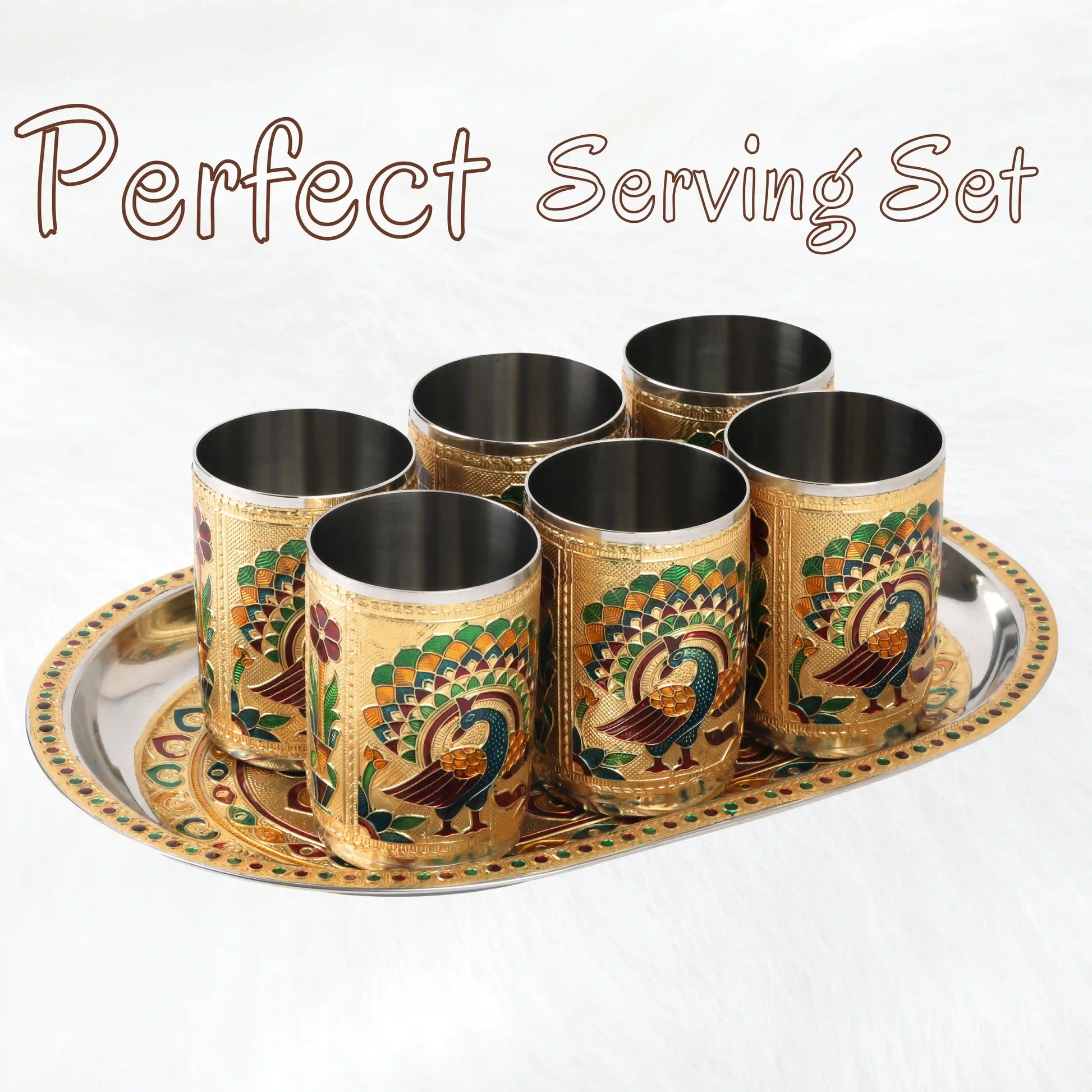 Meenakari Glass Tray Set | Steel Serving Tray for Water & Snacks