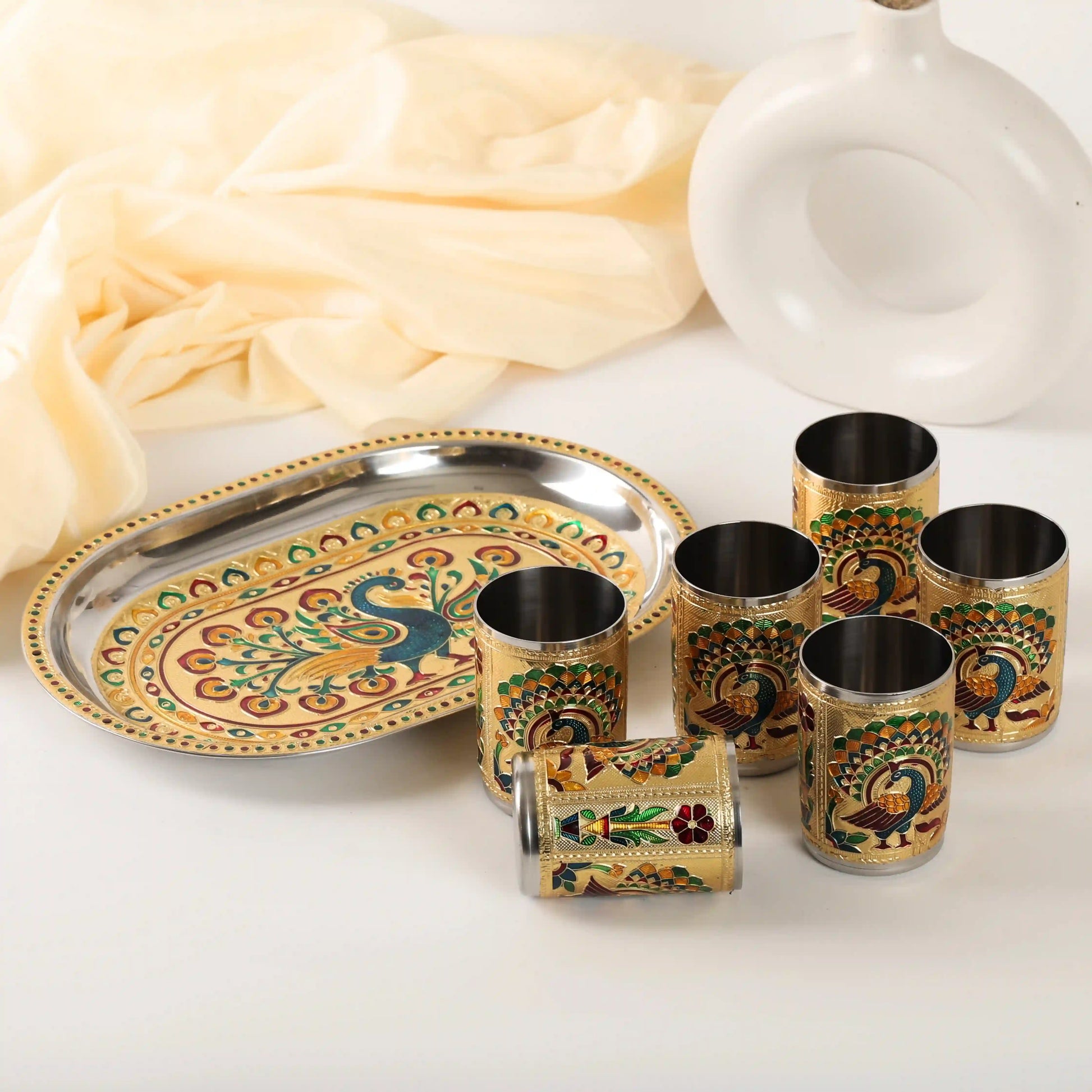 Meenakari Glass Tray Set | Steel Serving Tray for Water & Snacks