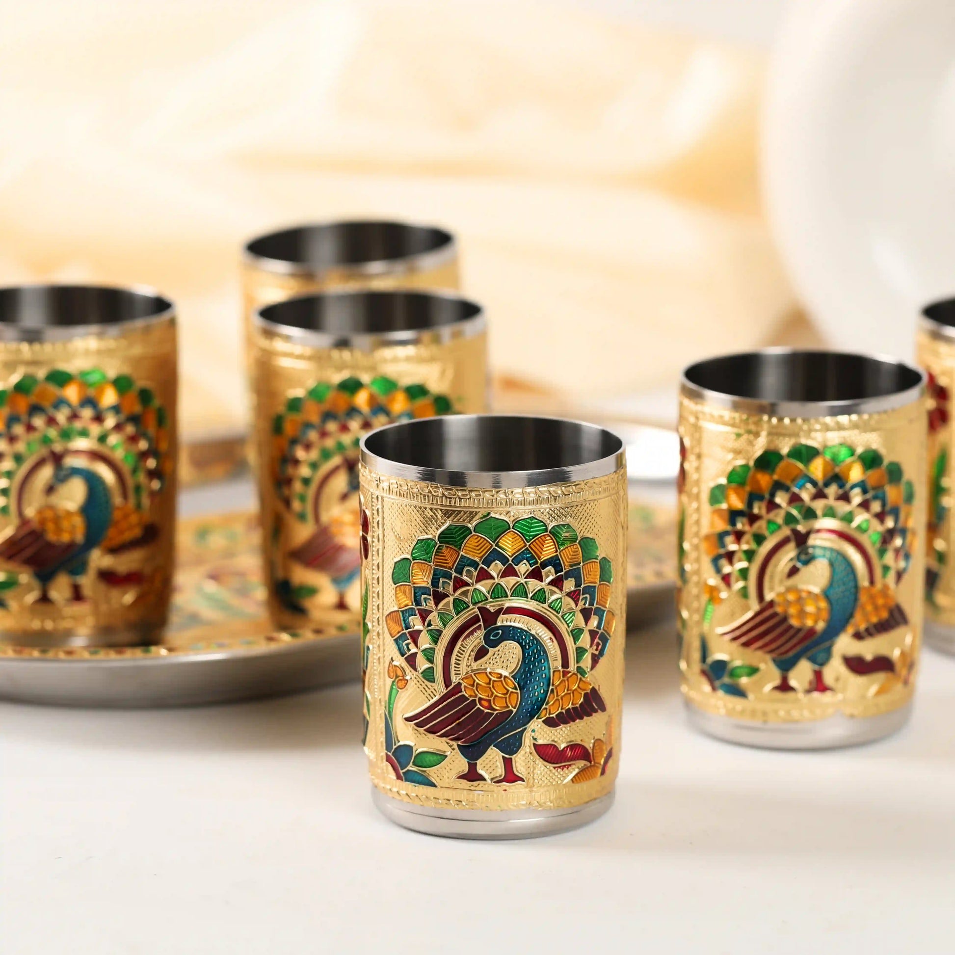 Meenakari Glass Tray Set | Steel Serving Tray for Water & Snacks
