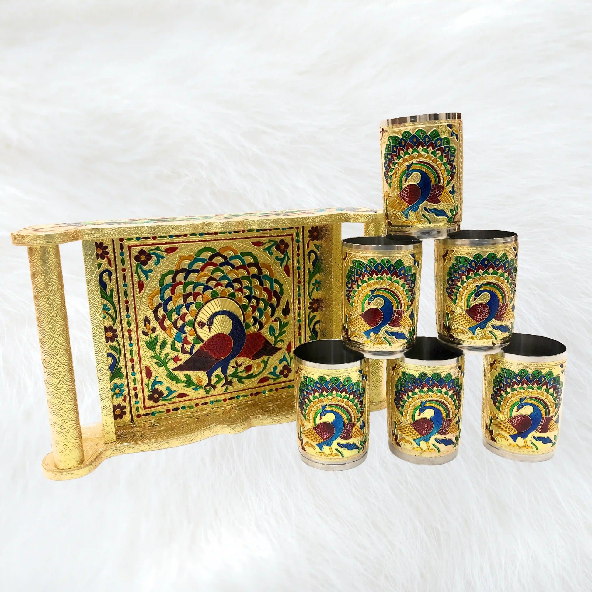 Serving Glass Tray with Handle | Meenakari Wedding Gift Glass Tray Set