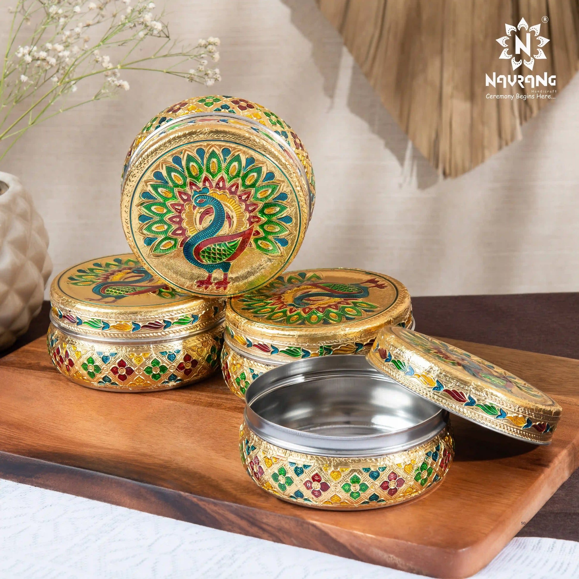 Golden Meenakari Peacock Steel Dabba 300 ml | Utility Container for Kitchen