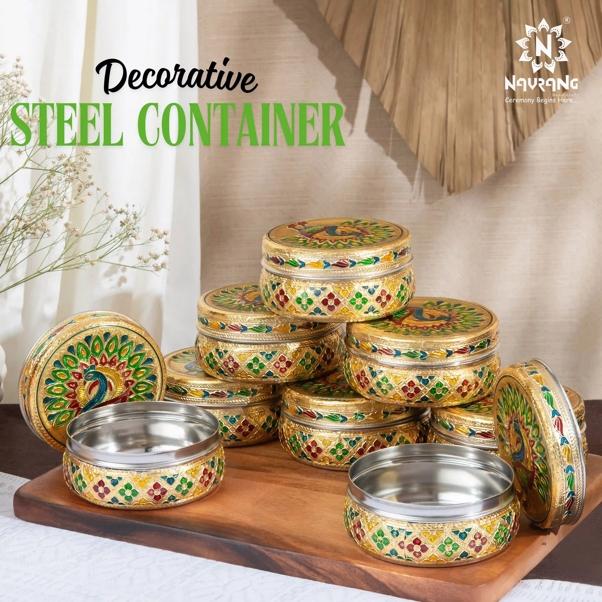 Golden Meenakari Peacock Steel Dabba 300 ml | Utility Container for Kitchen
