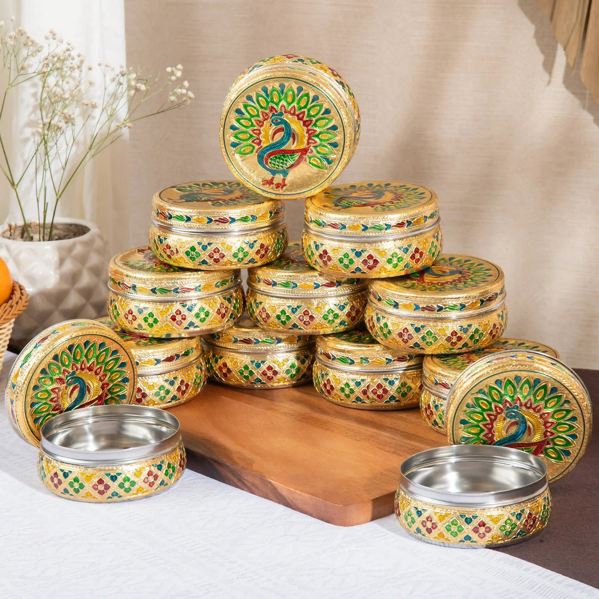 Golden Meenakari Peacock Steel Dabba 300 ml | Utility Container for Kitchen