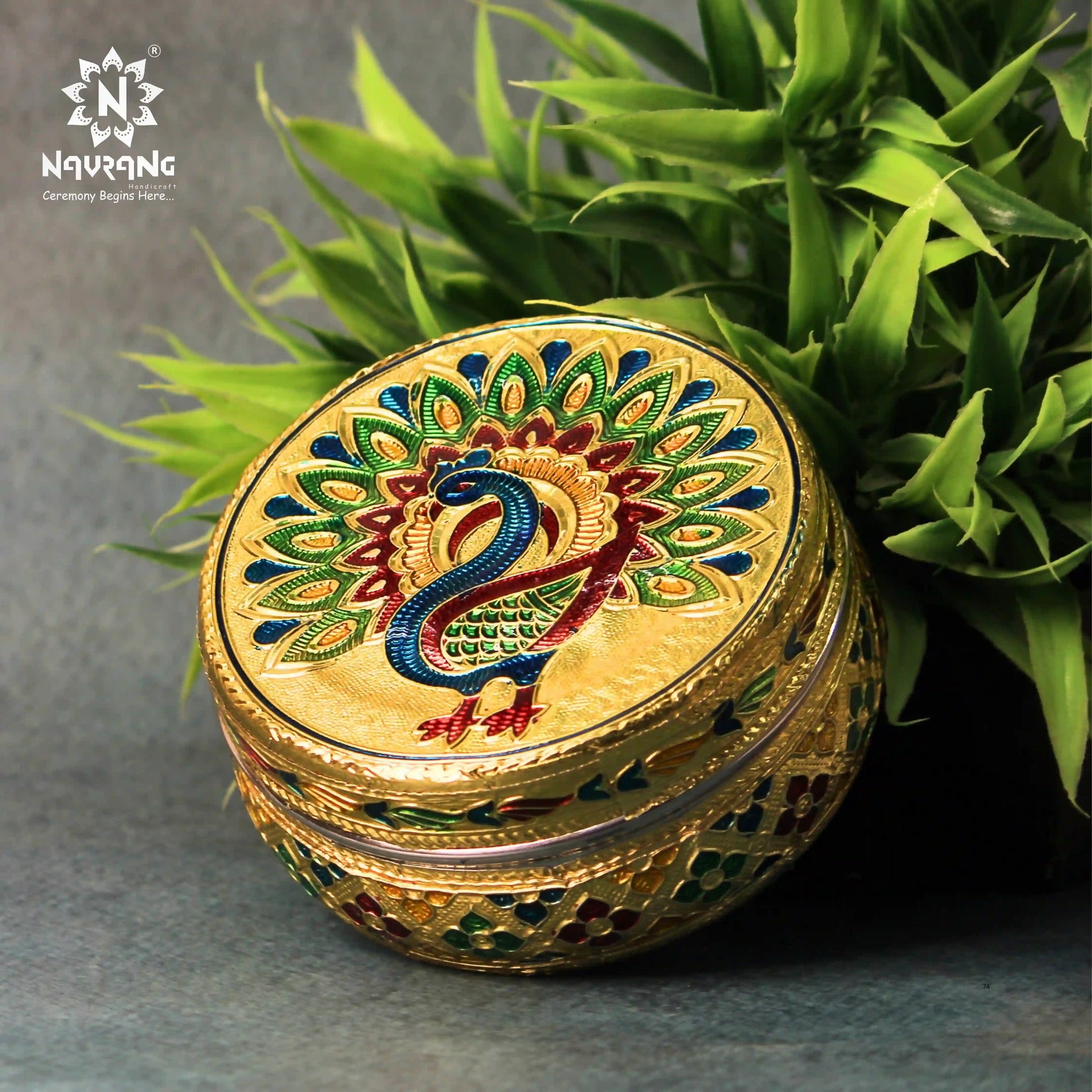 Golden Meenakari Peacock Steel Dabba 300 ml | Utility Container for Kitchen