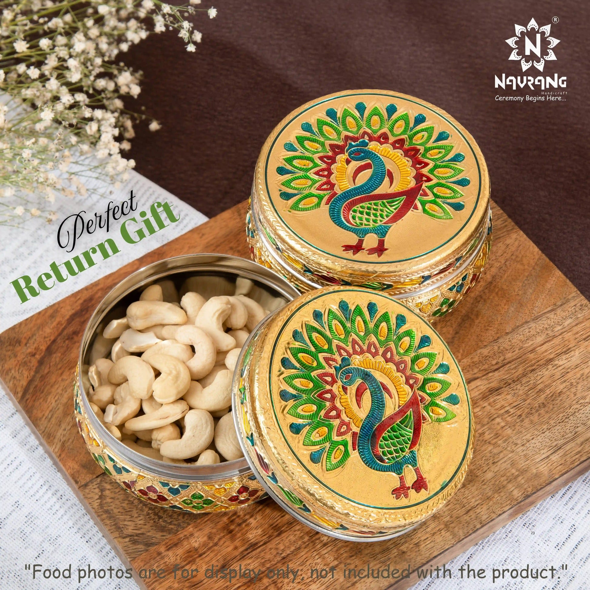 Golden Meenakari Peacock Steel Dabba 300 ml | Utility Container for Kitchen
