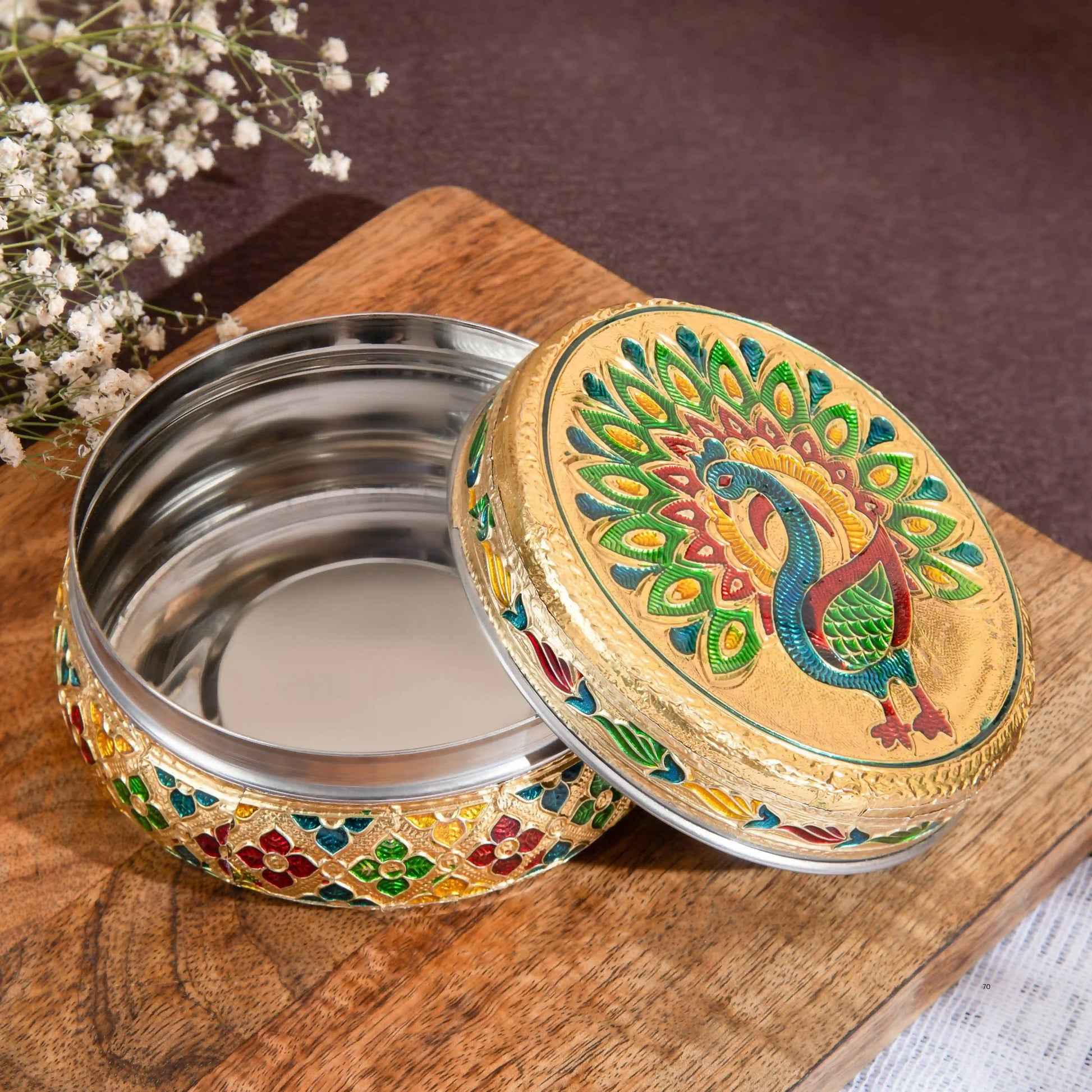 Golden Meenakari Peacock Steel Dabba 300 ml | Utility Container for Kitchen